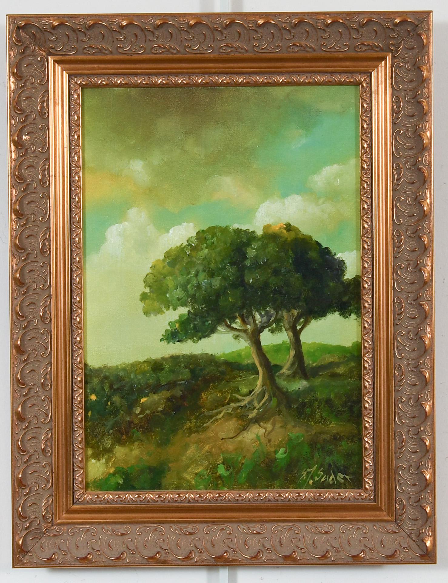 SJ Suder Oil on Canvas Landscape with Tree: Stanley Jerry Suder (Polish, b. 1951), oil on canvas landscape painting with two trees and distant hills. Dimensions are: frame: 15 1/4 inches (38.7 cm) tall X 11 3/4 inches (29.8 cm) wide; sight size