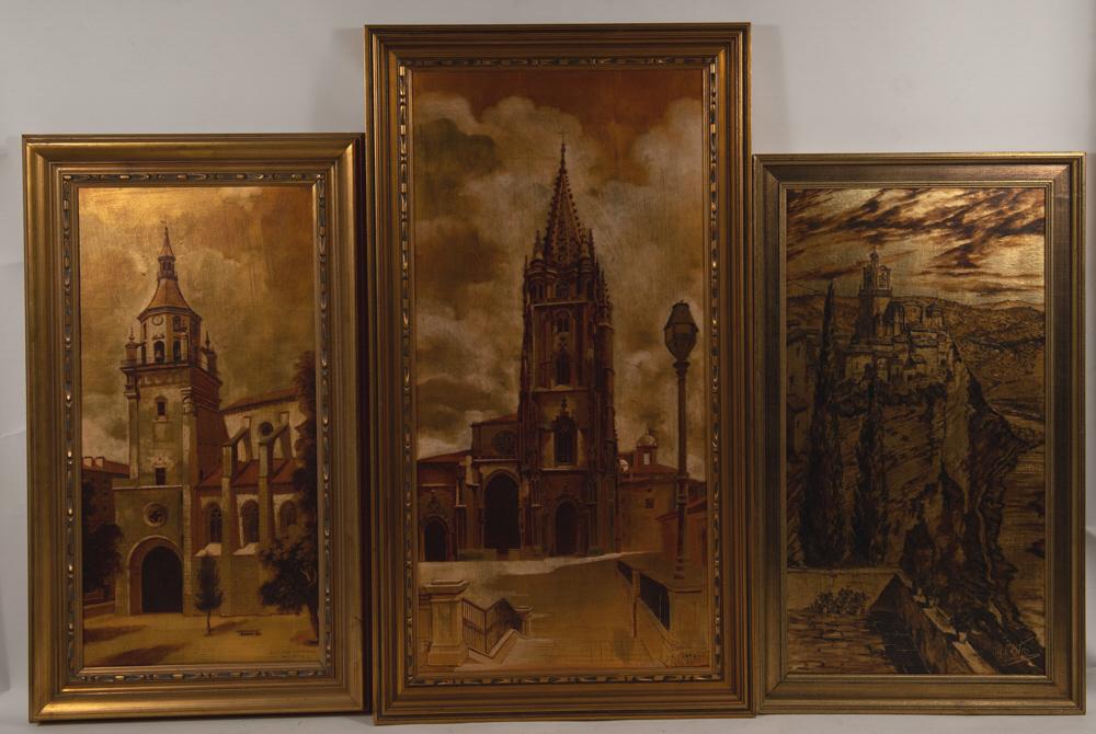 (3) Gold Foil Paintings of Cathedrals: (3) gold foil paintings of cathedrals. One is by Miguel Castro, the other two are by L. Romero. Dimensions are: largest: frame: 44 1/2 inches (113 cm) tall X 25 1/2 inches (62.2 cm) wide; sight size: 