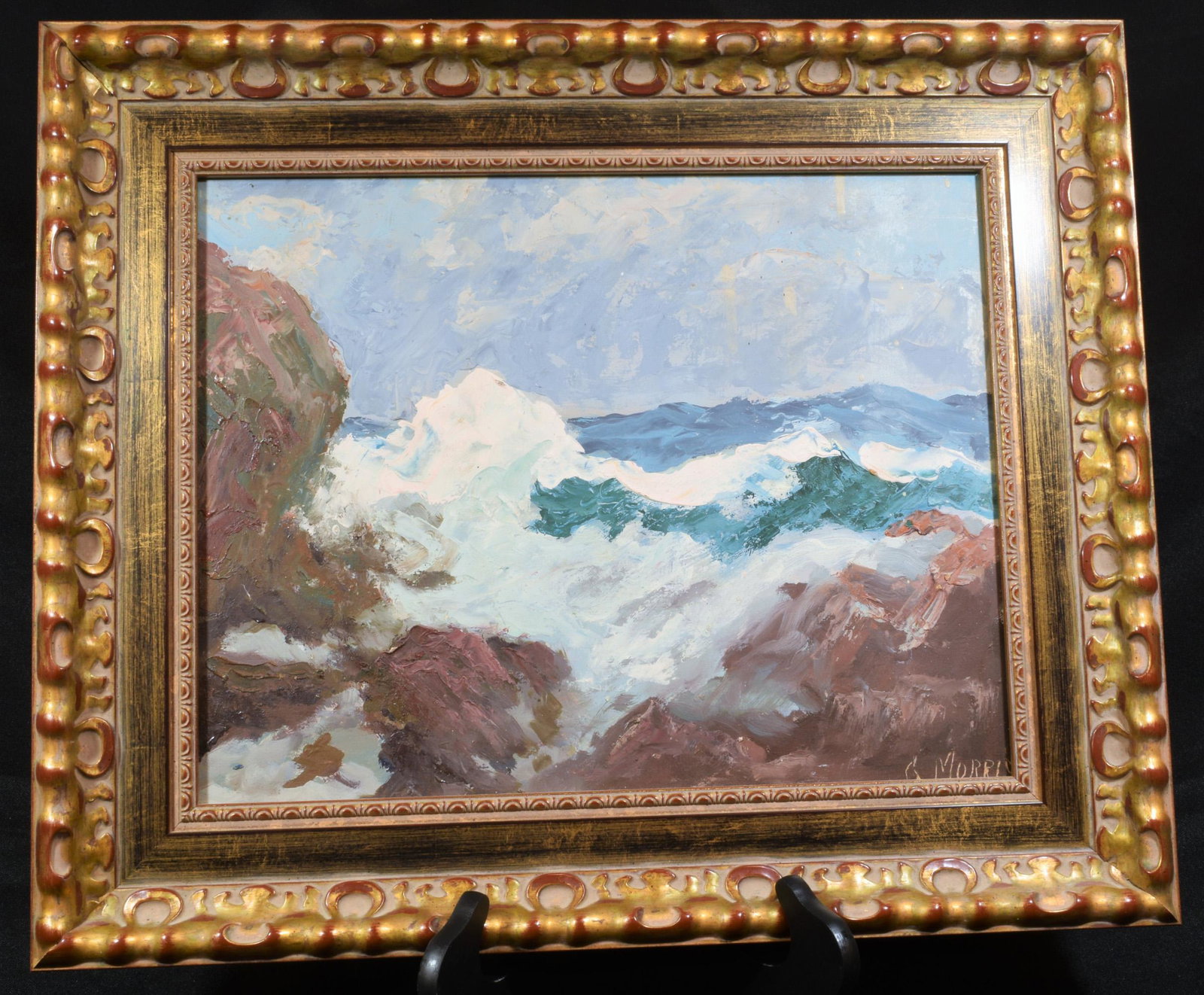 George Spencer Morris Oil on Canvas Seascape: George Spencer Morris (American, 1867-1922), oil on canvas painting of a seascape. Morris was an American artist from Olney Pennsylvania. Dimensions are: 13 3/8 inches (34 cm) tall X 18 1/2 inches (47