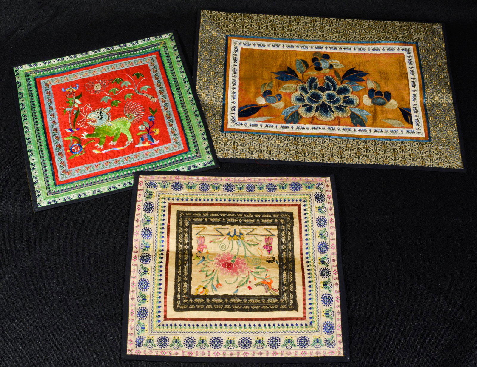 (3) Chinese Forbidden Stitch Embroideries, Qing: (3) Chinese forbidden stitch embroideries dating to the Qing dynasty, all with Certificates of Antiquity. a) square shaped featuring a mythical beast; b) square shaped featuring two figures and a flow