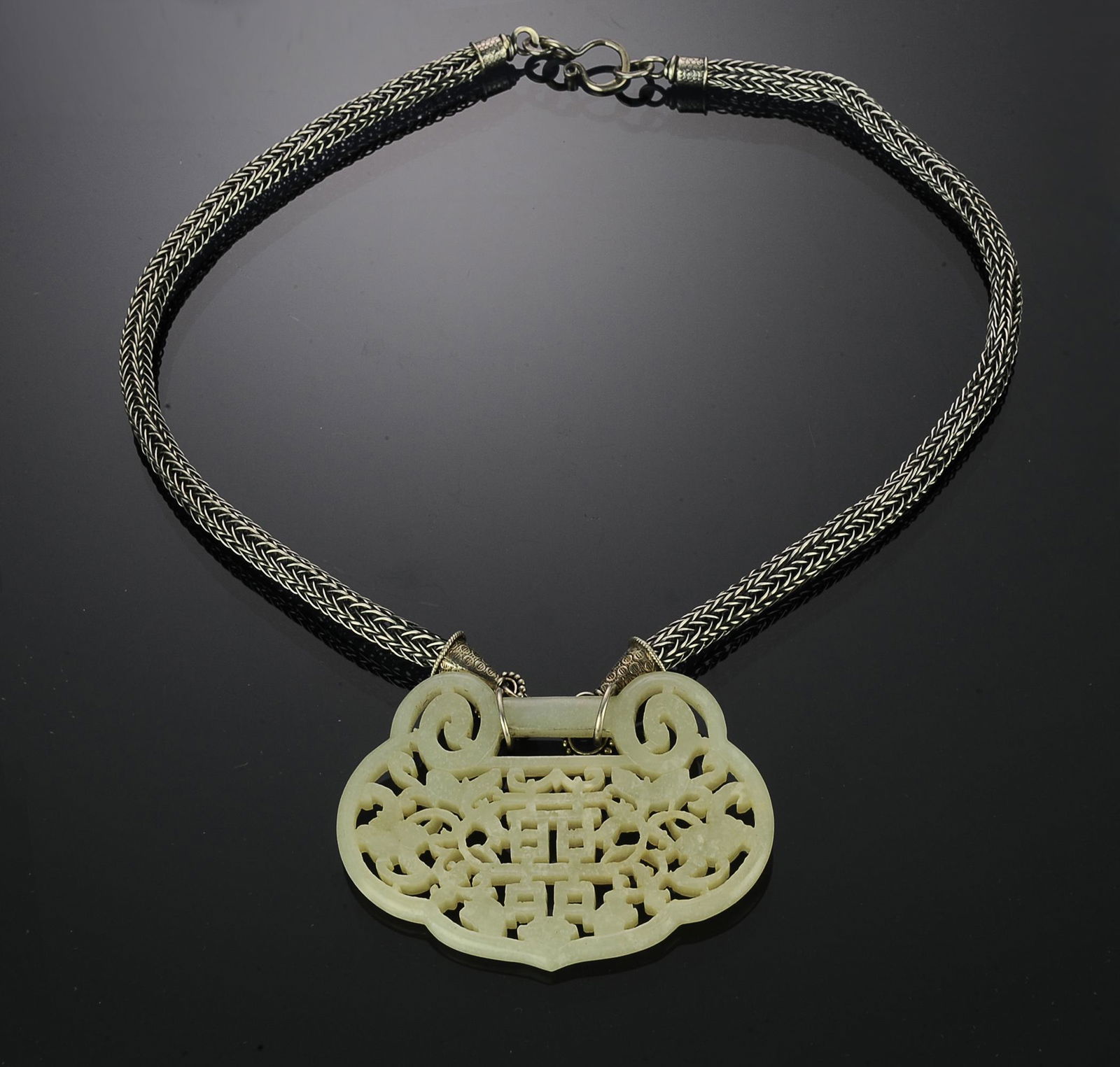 Chinese White Jade Plaque with Necklace, 19th Century (1 of 3)