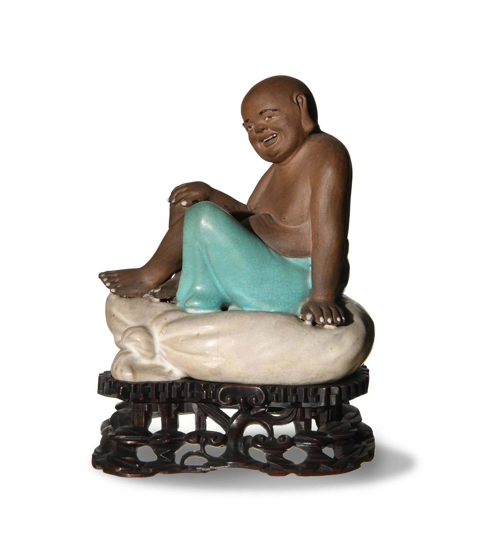 Shiwan Budai Statue with Wood Stand, 19th Century (1 of 11)