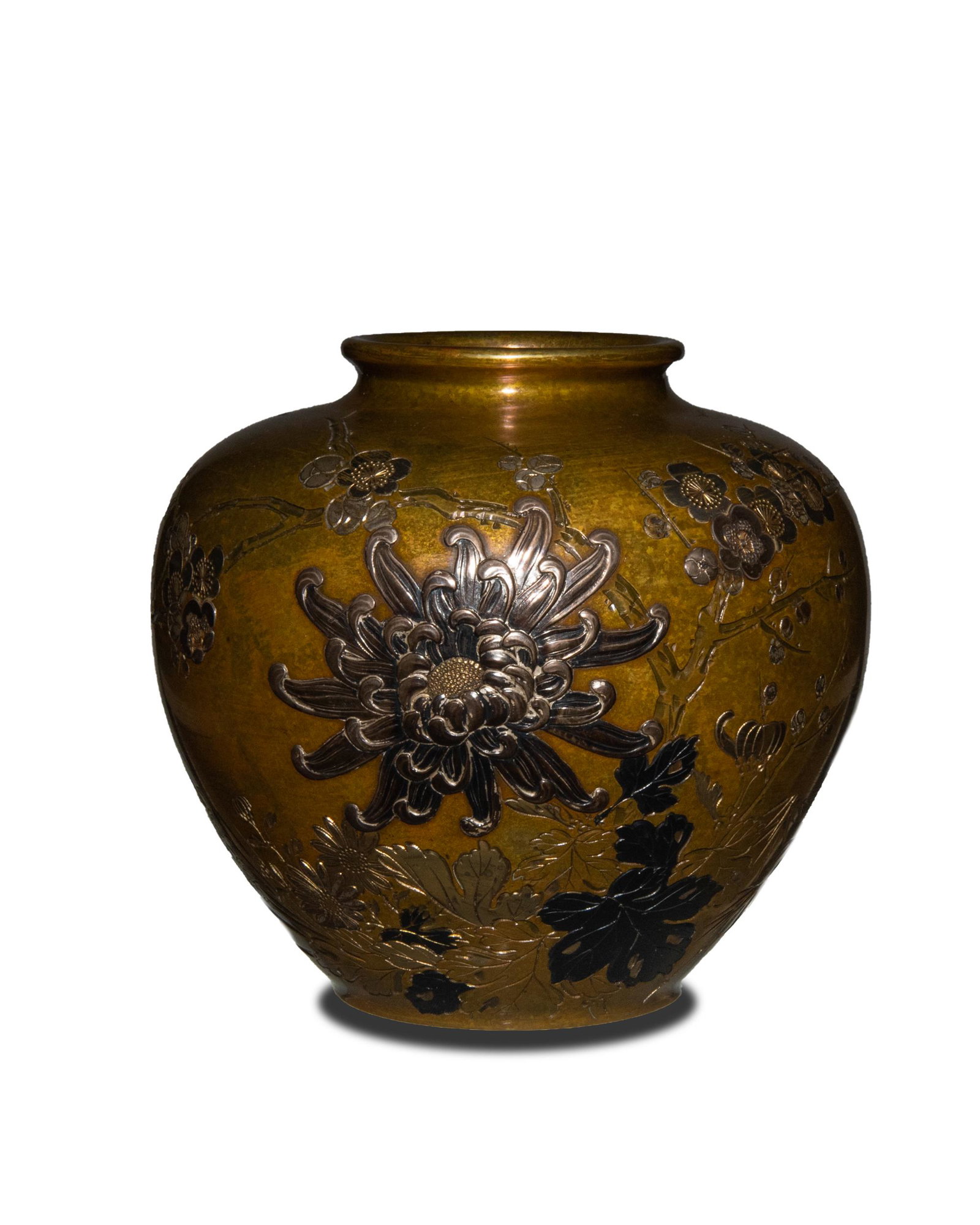Japanese Bronze Jar with Silver Inlay, Meiji: A Japanese bronze jar with silver inlay dating to the Meiji period. The jar depicts a natural landscape of flowers and has a signature and 1 seal. Dimensions are: 5 3/4 in. tall X 5 3/4 in. diameter; 
