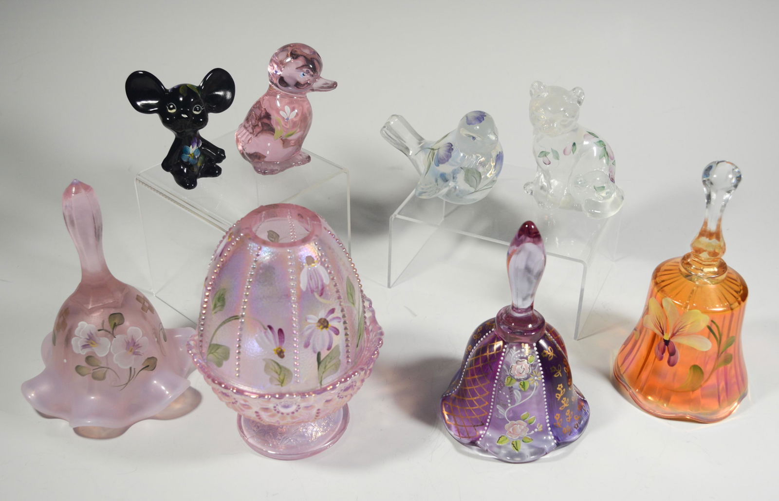8 Boxed Hand Painted Fenton Glass Pieces: Fenton Art Glass Company (American, founded 1905) glass. Includes a cat with floral decoration by D. Wright, a mouse, a song bird, a duck with floral decoration, a pink candle holder with incised and