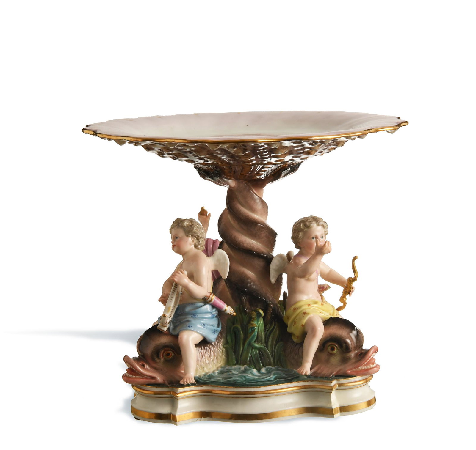 Meissen, Tazza with Cupids & Dolphins, Model F117: Meissen (German, founded 1710) porcelain. Meissen Tazza designed by Ernst August Leuteritz, the present lot is version 1, which is without a horn in cupid's hand. The tazza also includes a cupid with 