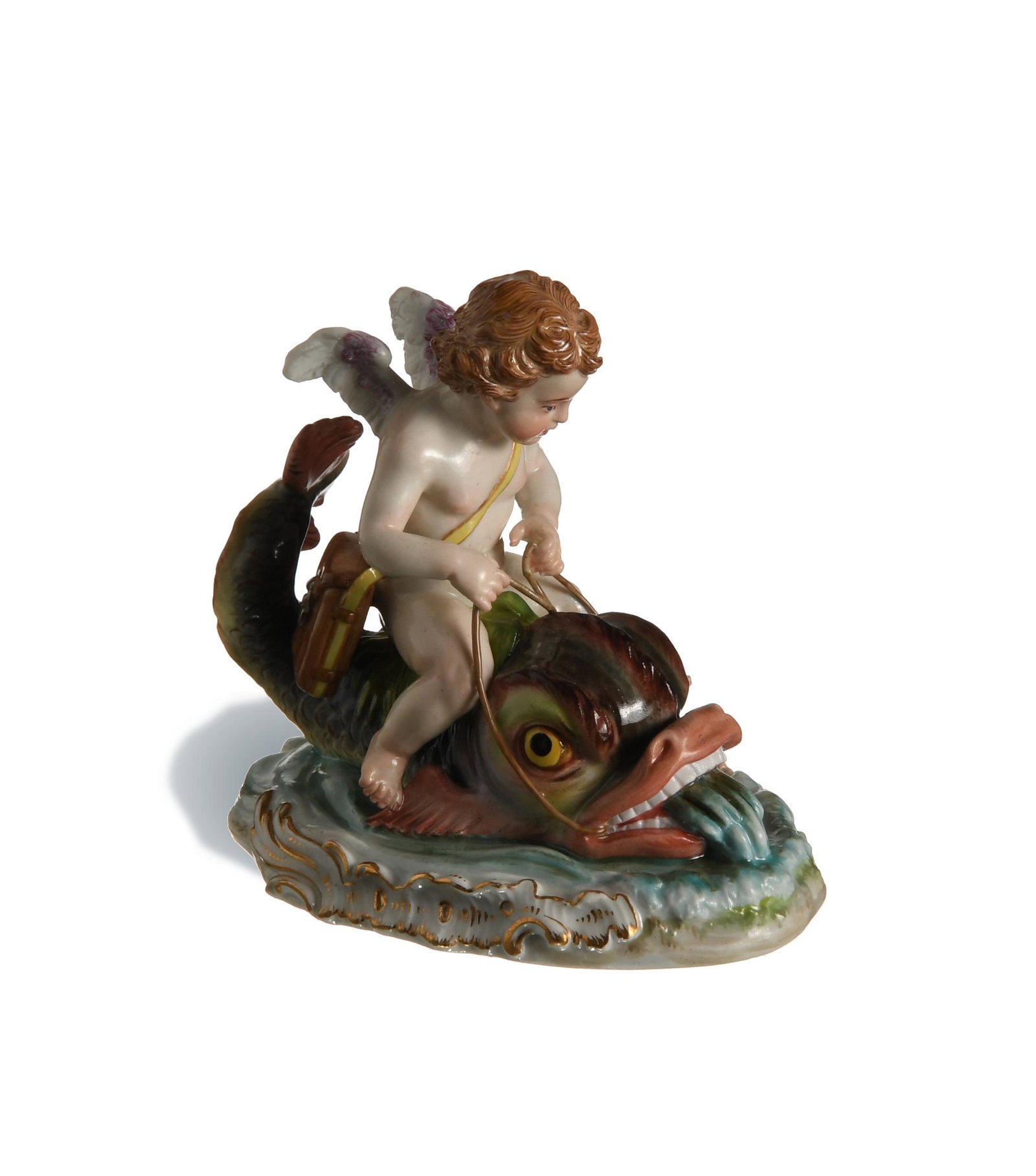 Meissen, Rare Cupid Riding Dolphin, Model S169: Meissen (German, founded 1710) porcelain. Designed by August Ringler, very rare figure featuring a cupid riding a dolphin. It is stamped with the Meissen mark, model number, '66,' and '34' on the base