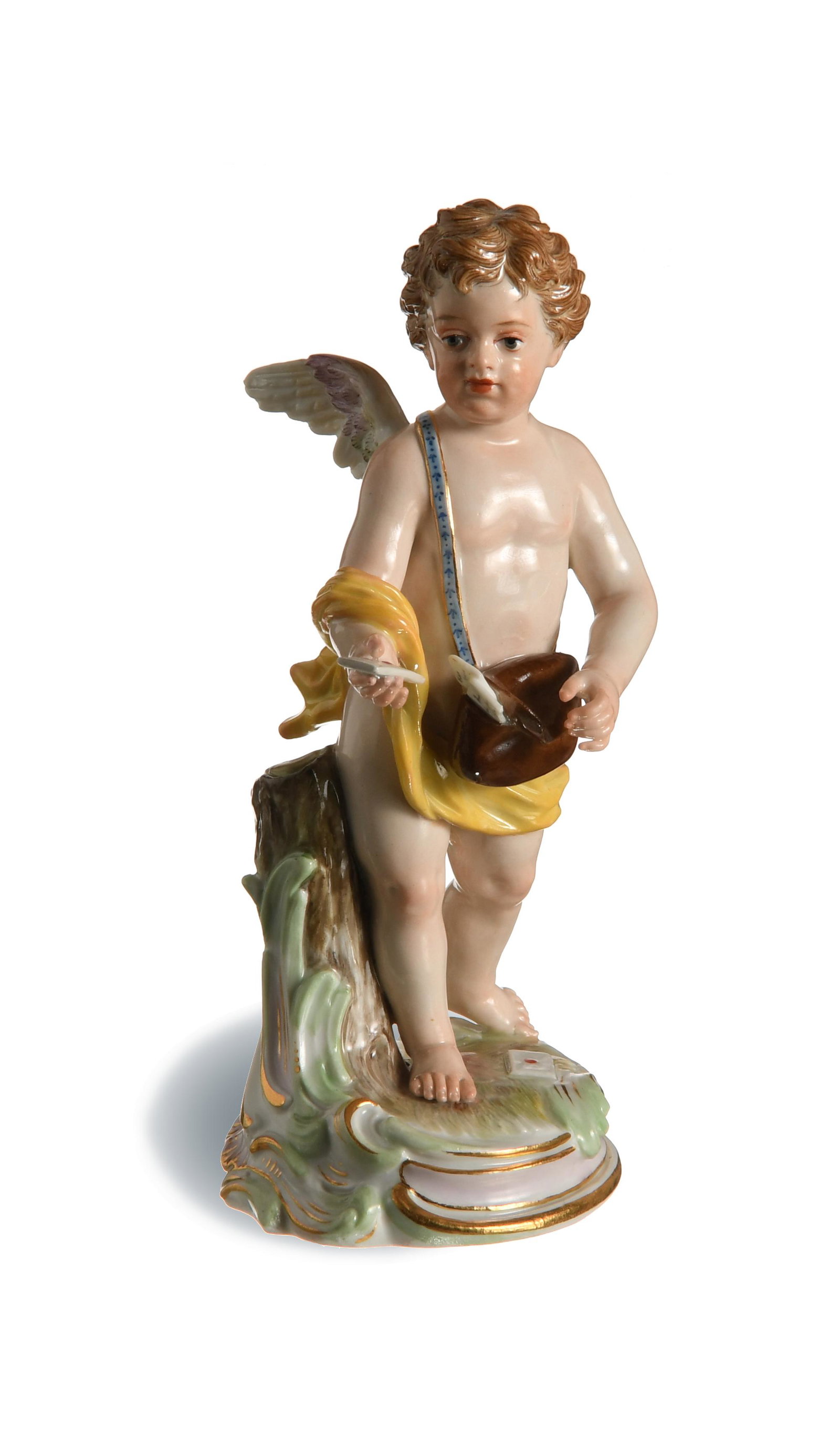 Meissen, Mailman Cupid, Model O175: Meissen (German, founded 1710) porcelain. Designed by August Ringler, featuring a cupid delivering mail. It is stamped with the Meissen mark, model number, '127,' and '40' on the base. Dimensions: 6 i