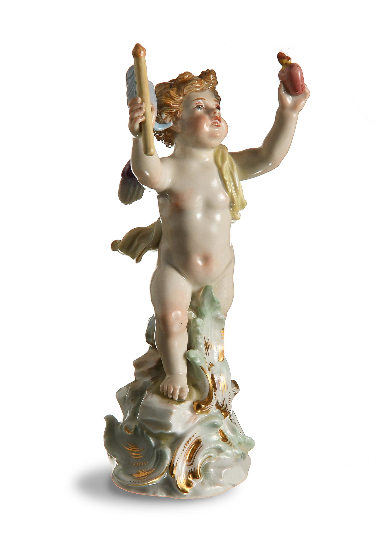 Meissen, Cupid with Heart on a Storm Day, R197: Meissen (German, founded 1710) porcelain. Designed by August Ringler, featuring a cupid holding a flag and a heart. It is stamped with the Meissen mark, model number, '23,' and '45' on the base. Dimen