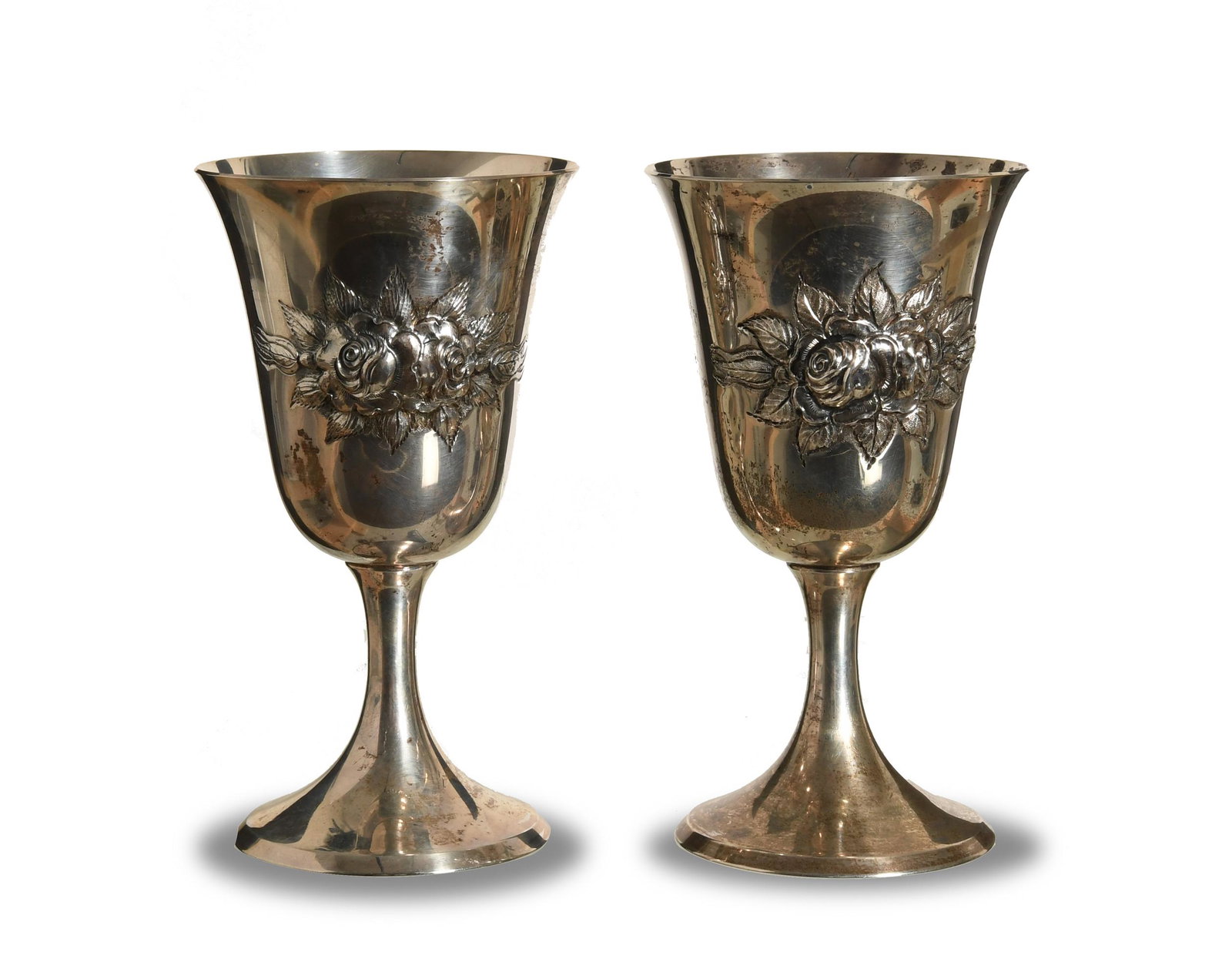Stieff Silver Co., 2 Sterling Silver Goblets: Steiff Silver Company (American, 1892-1979) sterling silver, pattern 801. A pair of hand-chased goblets. Both are marked as sterling and bear the company name, pattern number, and hand chased. Dimensi