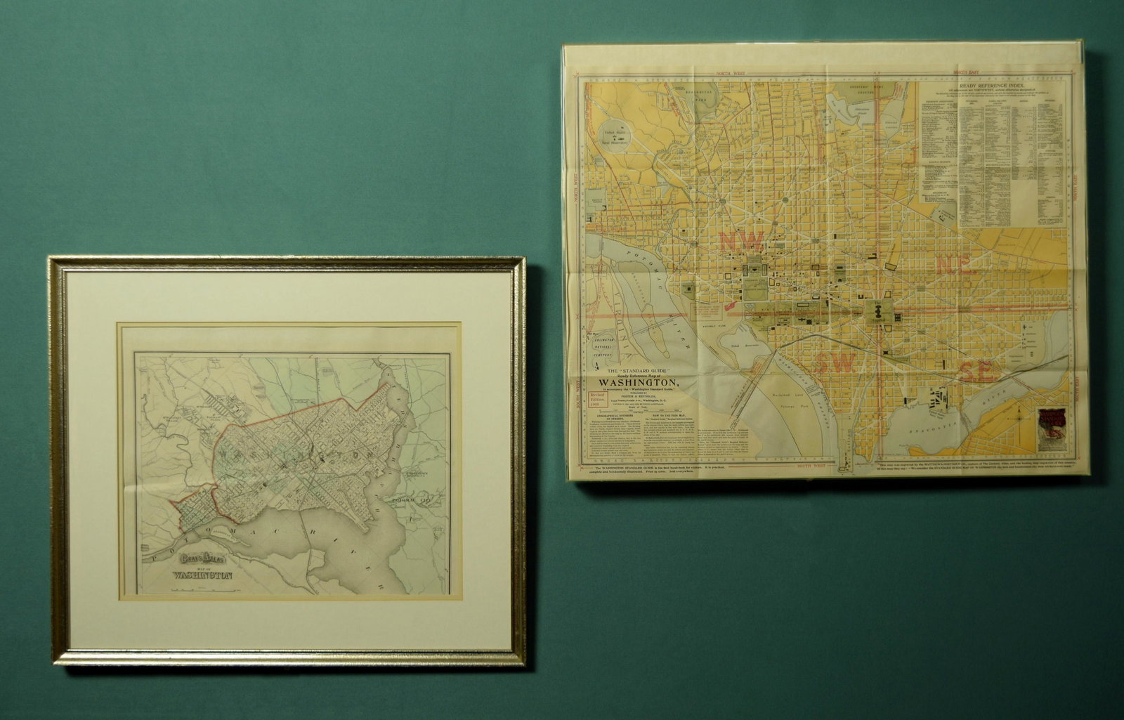 2 Maps of Washington DC, 1875 & 1906: 2 maps of Washington DC, includes: 'Gray's Atlas Map of Washington D.C.' published in 1875 and 'The "Standard Guide" Read Reference Map of Washington' published by Foster and Reynolds in 1909. Dimensi
