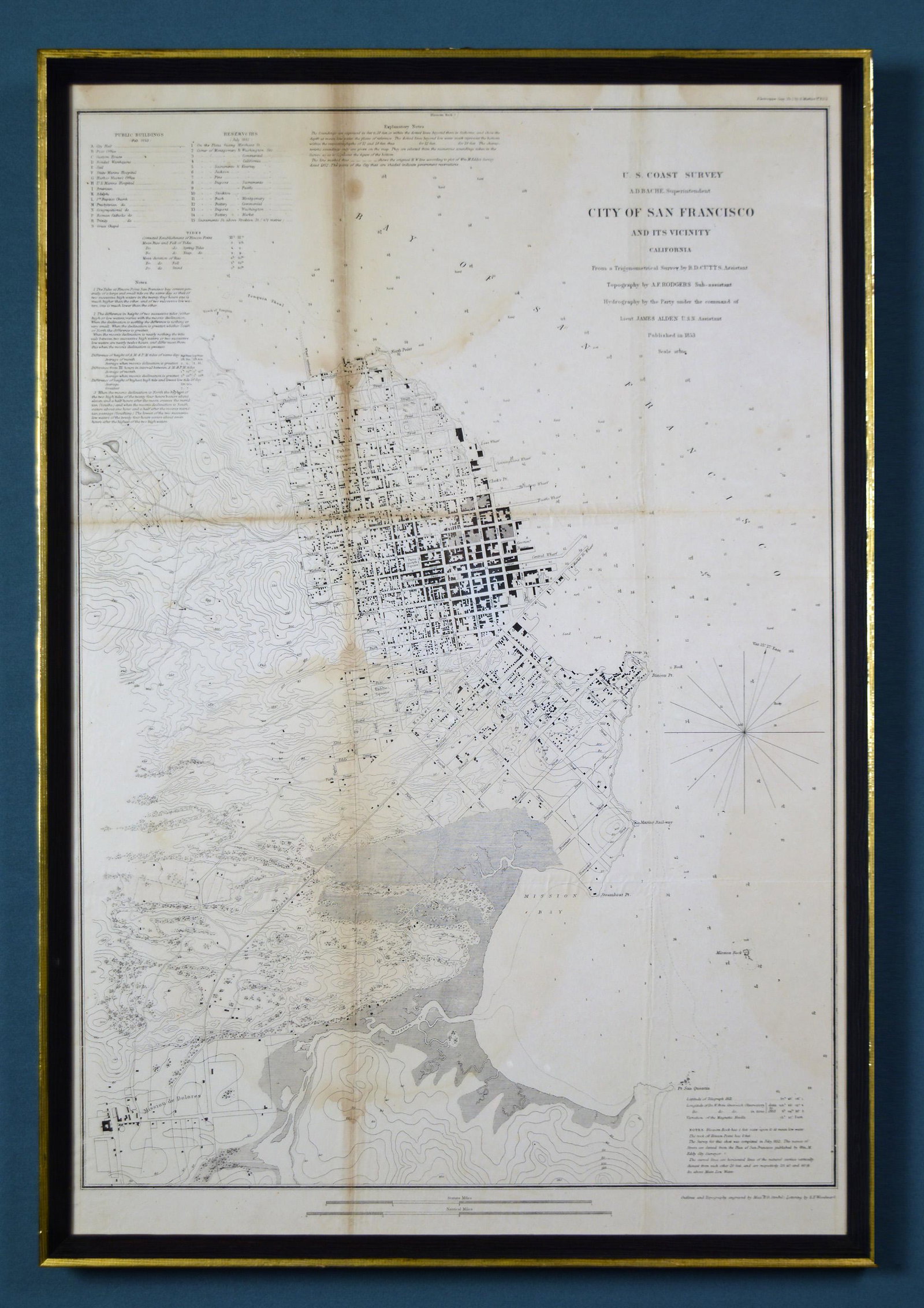 1853 Coastal Survey Map of San Francisco: A costal survey map of San Francisco and the surrounding areas, published in 1853. Dimensions: sight size- 27 inches tall X 18 1/4 inches wide; 68.6 cm tall X 46.4 cm wide. Frame- 28 1/4 inches tall X