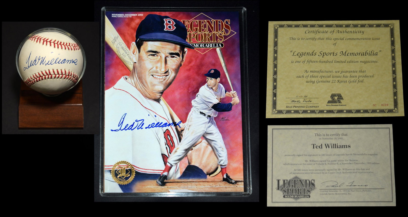 Ted Williams Autographed Ball & Magazine: Magazine is one of 1500 commemorative issues with 22K gold foil, comes with certificate from Legends Sports that it is one of 580 of these issues signed. Baseball has no certificate. Purchased from HS
