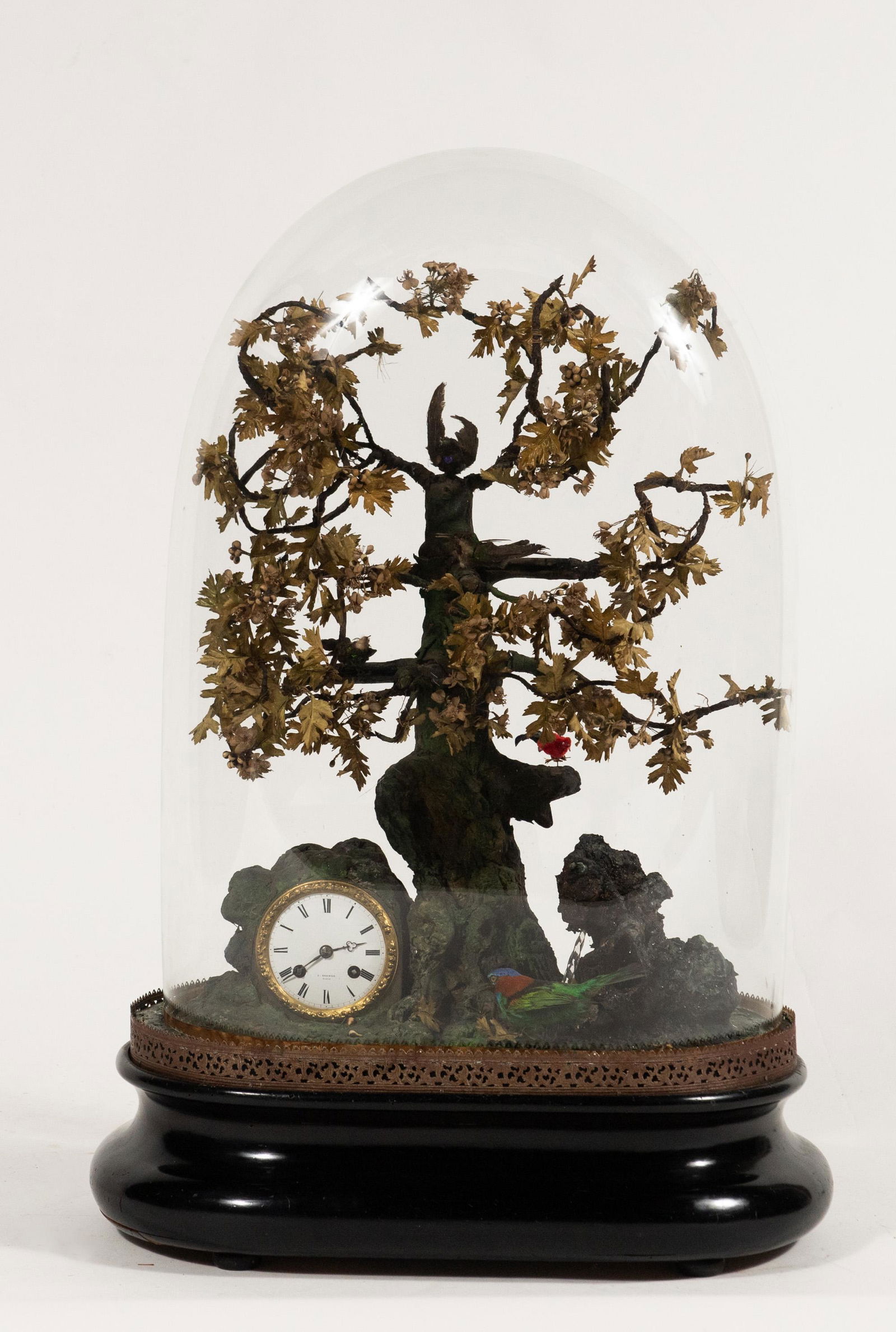 Blaise Bontems (attrib.) 'Singing Birds' Automaton: Attributed to Blaise Bontemps (French, 1814-1893) mixed materials. The clock features 5 moving and singing birds, a flowering tree, and a spinning glass waterfall. The clock face is marked 'A. Brewer