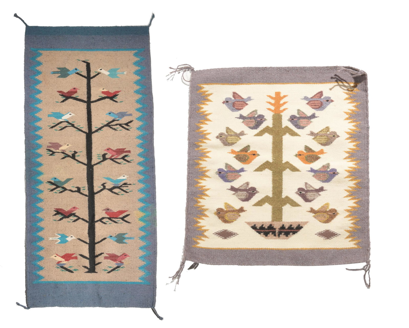 2 Navajo 'Tree of Life' Weavings: A pair of Navajo 'Tree of Life' weavings, both depict the traditional design of birds around a central cornstalk. The smaller weaving is by Lisa Jones, and comes with a photo and a tag. Dimensions: 58