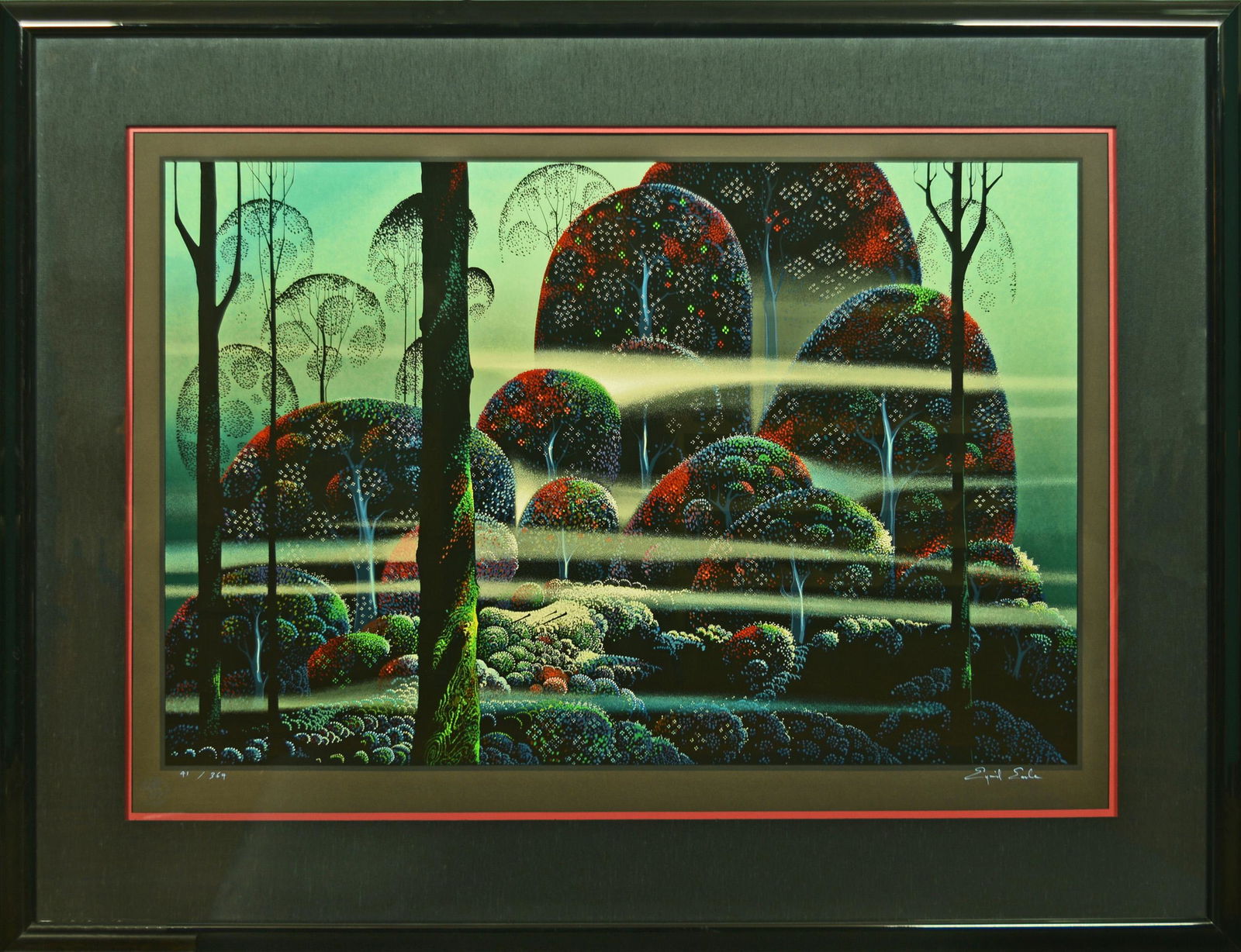 Eyvind Earle, Serigraph 'Beyond Paradise' 141/364: Eyvind Earle (American, 1916-2000) serigraph. It depicts a landscape scene and includes a certificate of authenticity, and is signed, numbered, and has the stamp for Robert Bane Editions. Dimensions a
