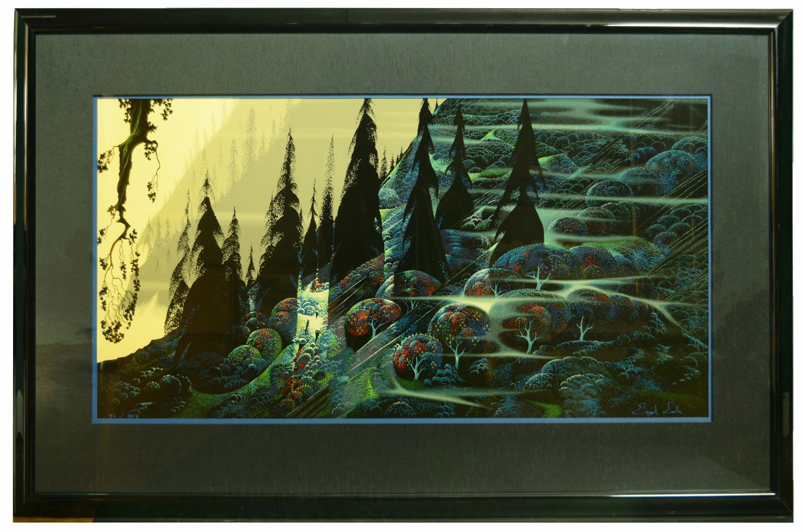Eyvind Earle, Serigraph 'Black Spruce' 46/358: Eyvind Earle (American, 1916-2000) serigraph. It depicts a landscape in dark hues, it is signed and numbered. Dimensions: sight size- 20 inches tall X 39 3/4 inches tall; 50.8 cm tall X 101 cm wide. F