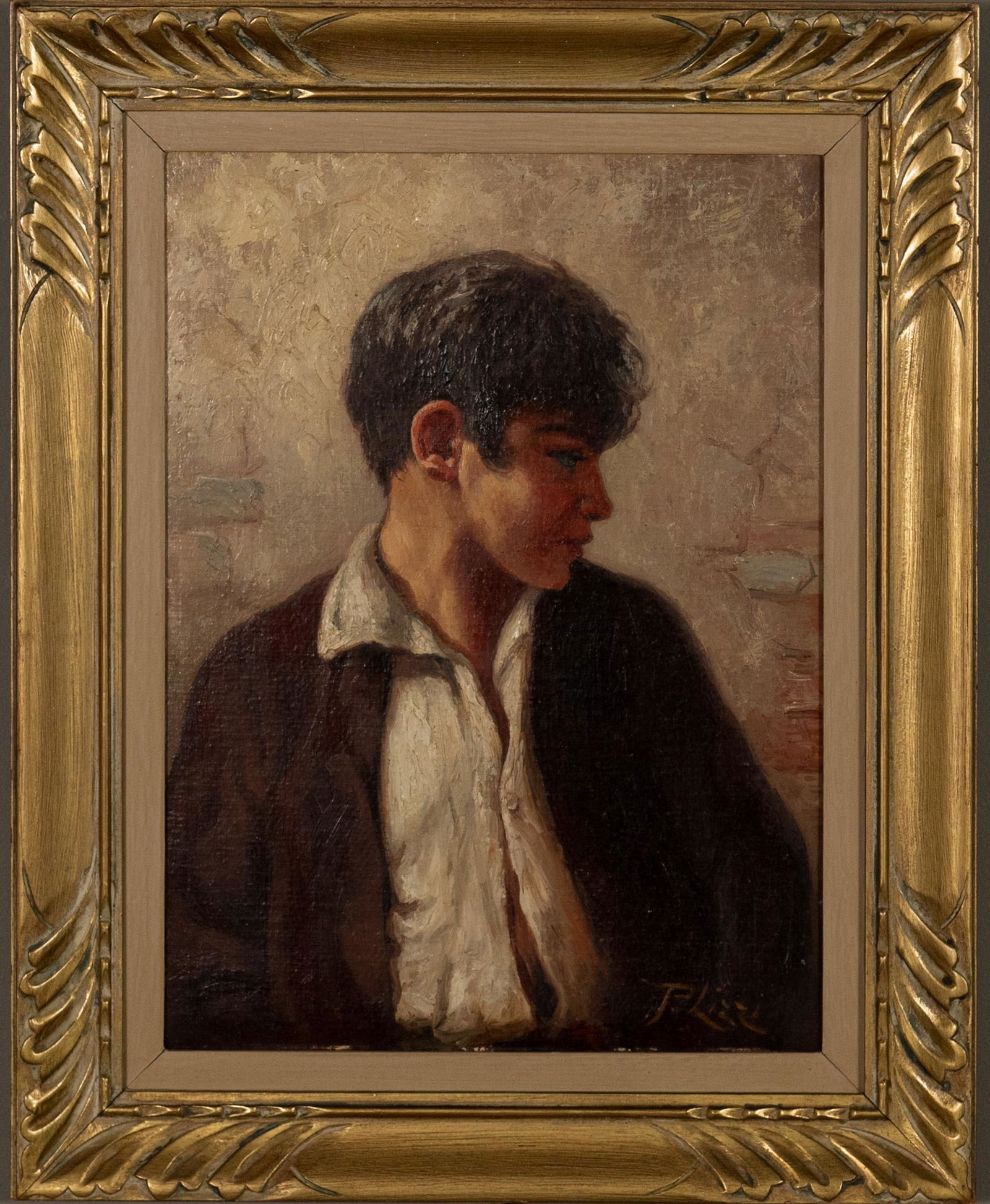 P. Lizzi, Painting of a Boy: P. Lizzi. Oil on canvas. Painting of a boy with signature in the right corner. Dimensions: sight size-15 1/4 inches tall X 11 1/4 inches wide; 38.7 cm tall X 28.6 cm wide. Frame- 20 1/4 inches tall X