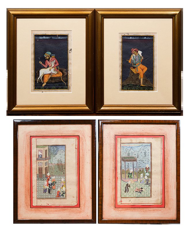 4 Mughal Miniature Manuscript Paintings: A group of 4 Mughall miniature manuscript paintings, all are done in gouache on paper and date from the 15th to the 16th century. The first painting depicts a man with a deer in his lap, the second de