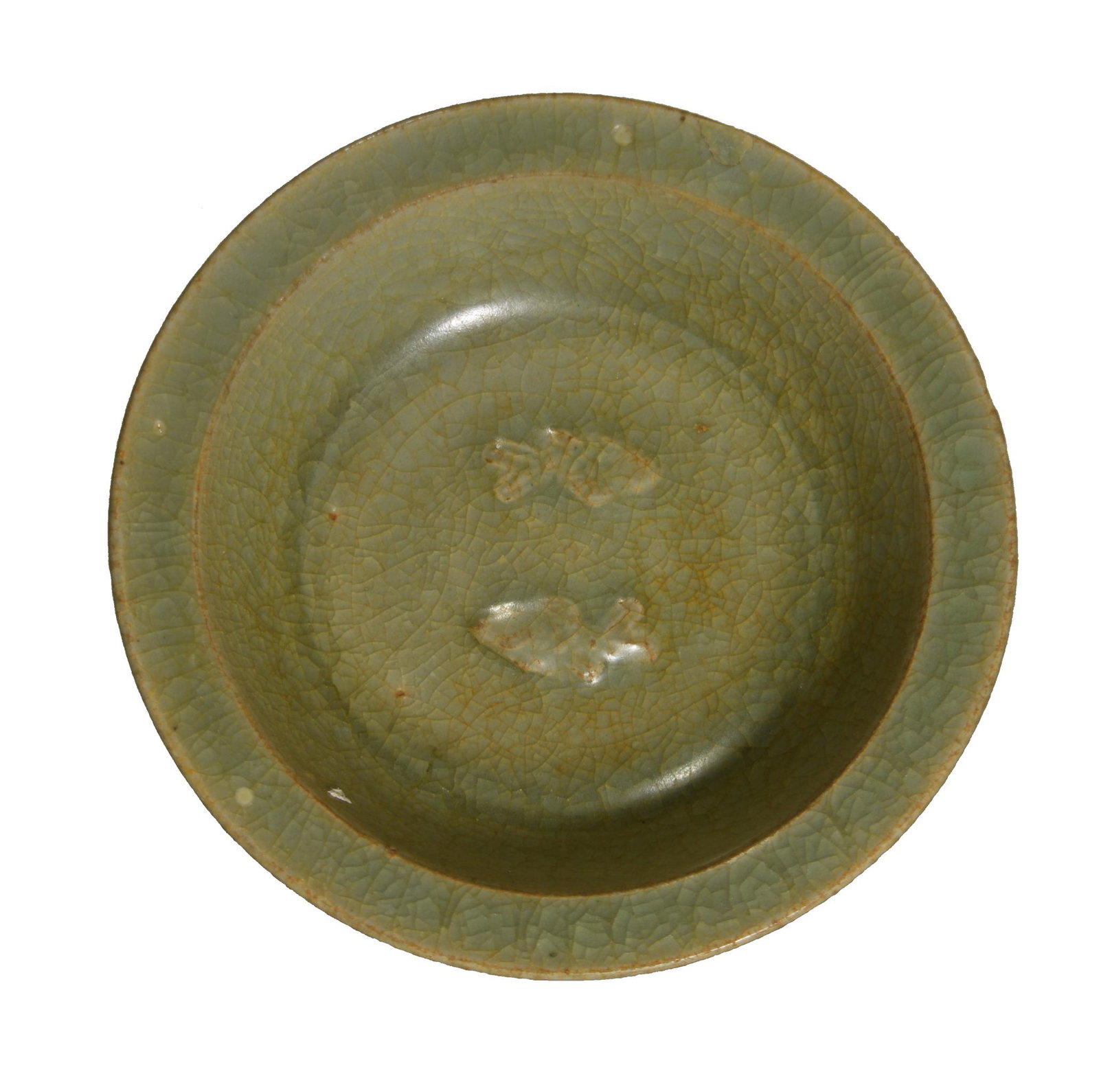 Longquan Celadon Fish Bowl, Ming: A longquan celadon double fish bowl dating to the Ming dynasty. The exterior of the bowl features a petal design. Dimensions: 1 1/2 inches tall X 5 1/8 inches wide; 3.8 cm tall X 13 cm wide. All measu