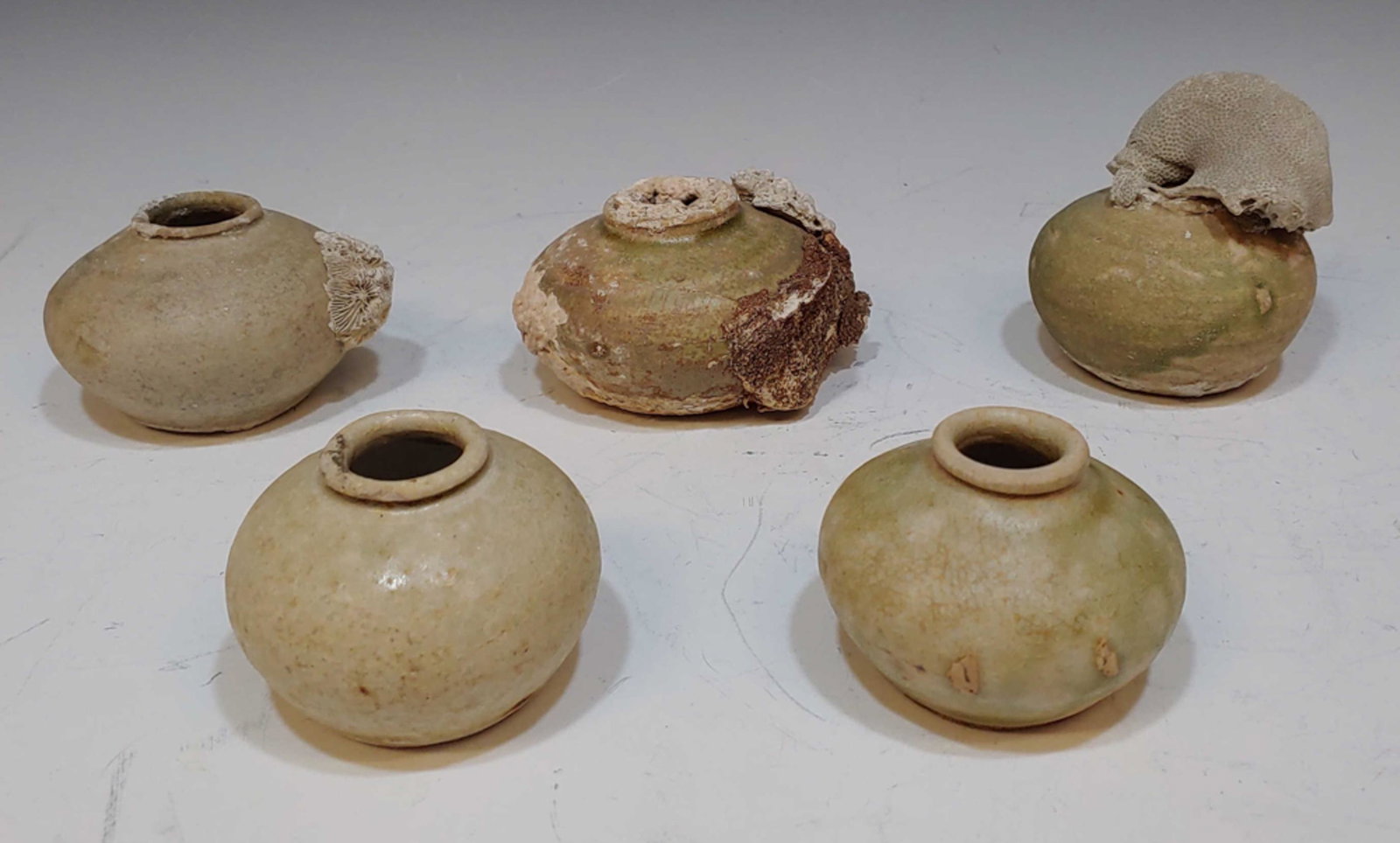 5 Vietnamese Ca Mau Shipwreck Pottery: 5 Vietnamese shipwreck pottery pieces from the Ca Mau shipwreck, 18th Century. The three larger jarlets have barnacles on them from being underwater and residing for years in the sea. The smaller two 