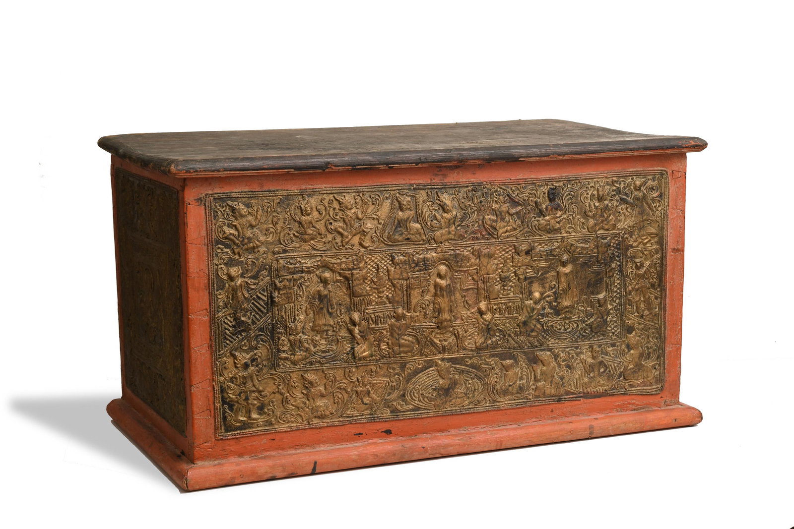 Tibetan Buddhist Monk's Manuscript Chest, 19th Century: The chest features scenes on all sides that include auspicious figures and scholars with attendants. Dimensions: 17 inches tall X 30 1/4 inches wide; 43.2 cm tall X 76.8 cm wide. All measurements are 
