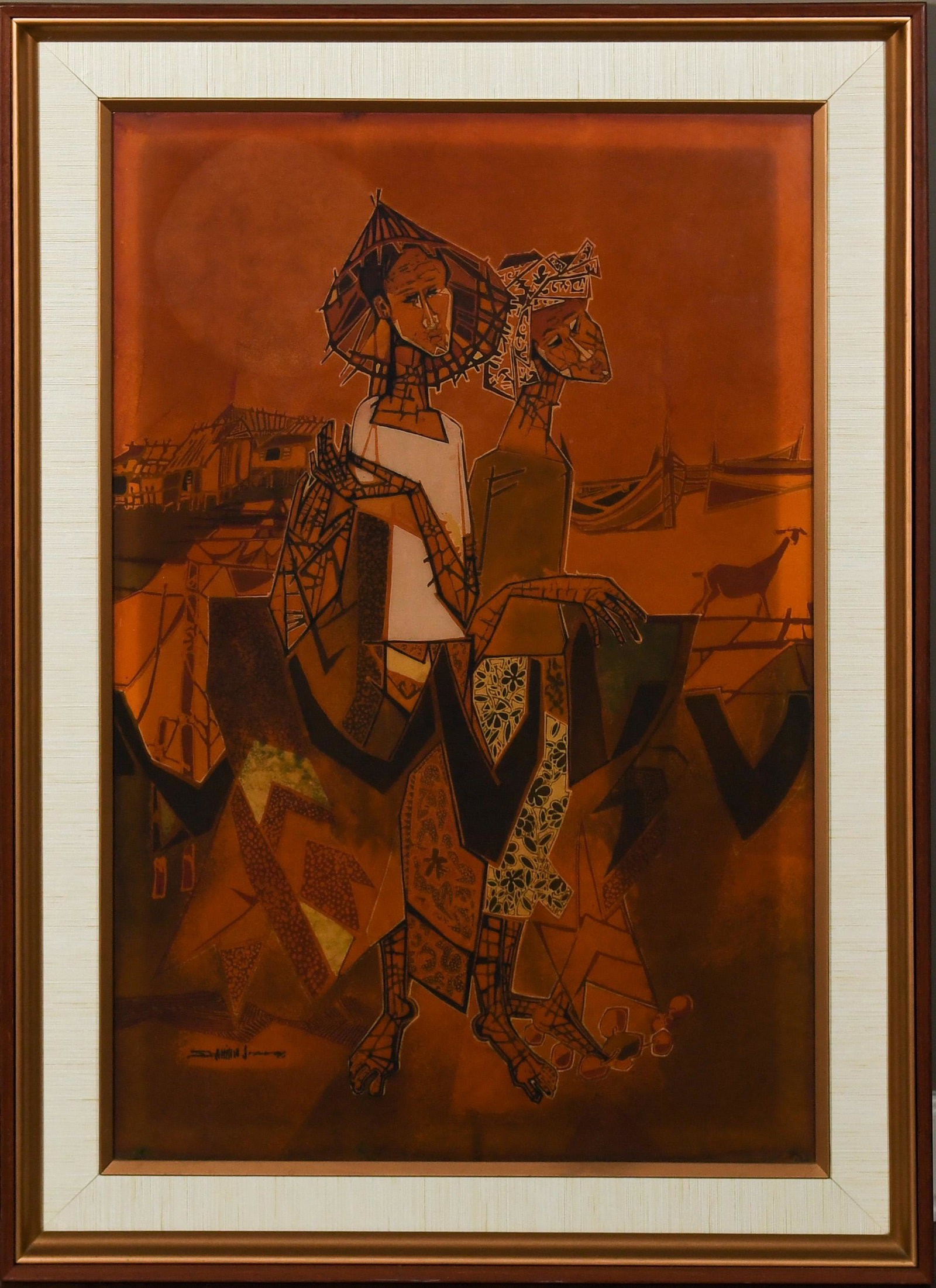 Seah Kim Joo, 'Fisherfolks': Seah Kim Joo, (Singaporean, B. 1939) batik painting. It depicts 2 fisher folks. A signature can be seen on the lower left corner of face. The verso has the series number '074/30.' Dimensions: sight si
