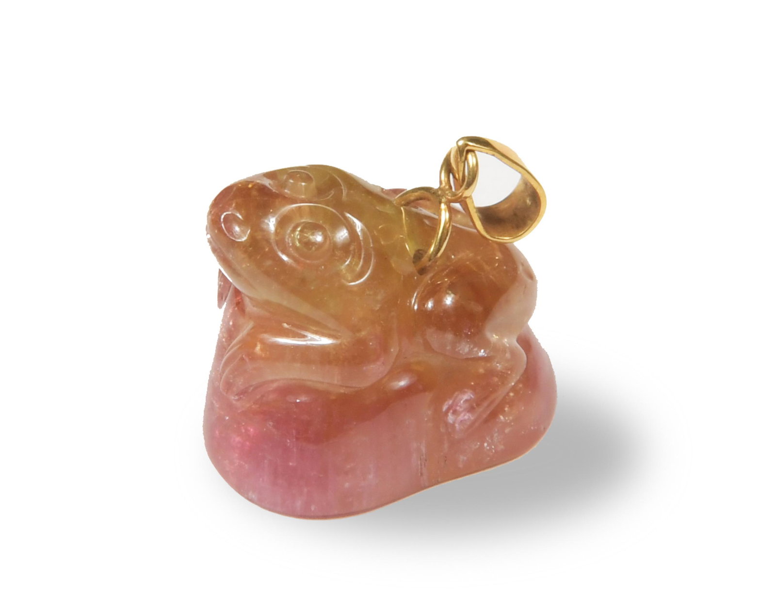Chinese Watermelon Tourmaline Pendant, 19th Century: A Chinese watermelon tourmaline pendant featuring a frog dating from the 19th century. Dimensions are: 1/2 inches tall X 3/4 inches wide; 1.3 cm tall X 1.9 cm wide. All measurements are approximate. C