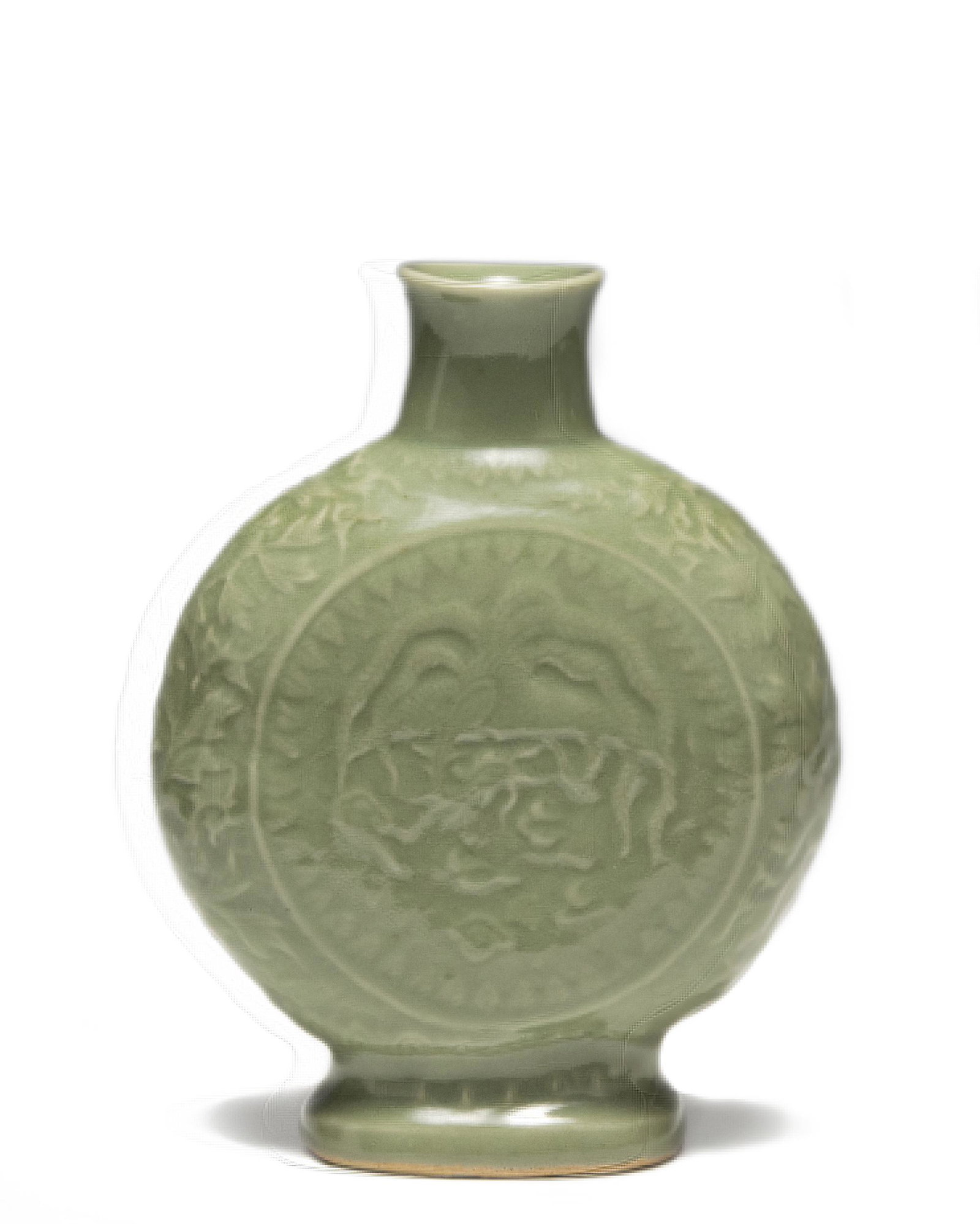 Chinese Longquan Celadon Moonflask, Yuan or Ming: A Chinese longquan celadon glazed moonflask dating from the Yuan or early-Ming dynasty. It features a phoenix on 1 side and a dragon on the other. Dimensions are: 9 1/4 inches tall X 7 1/4 inches wide