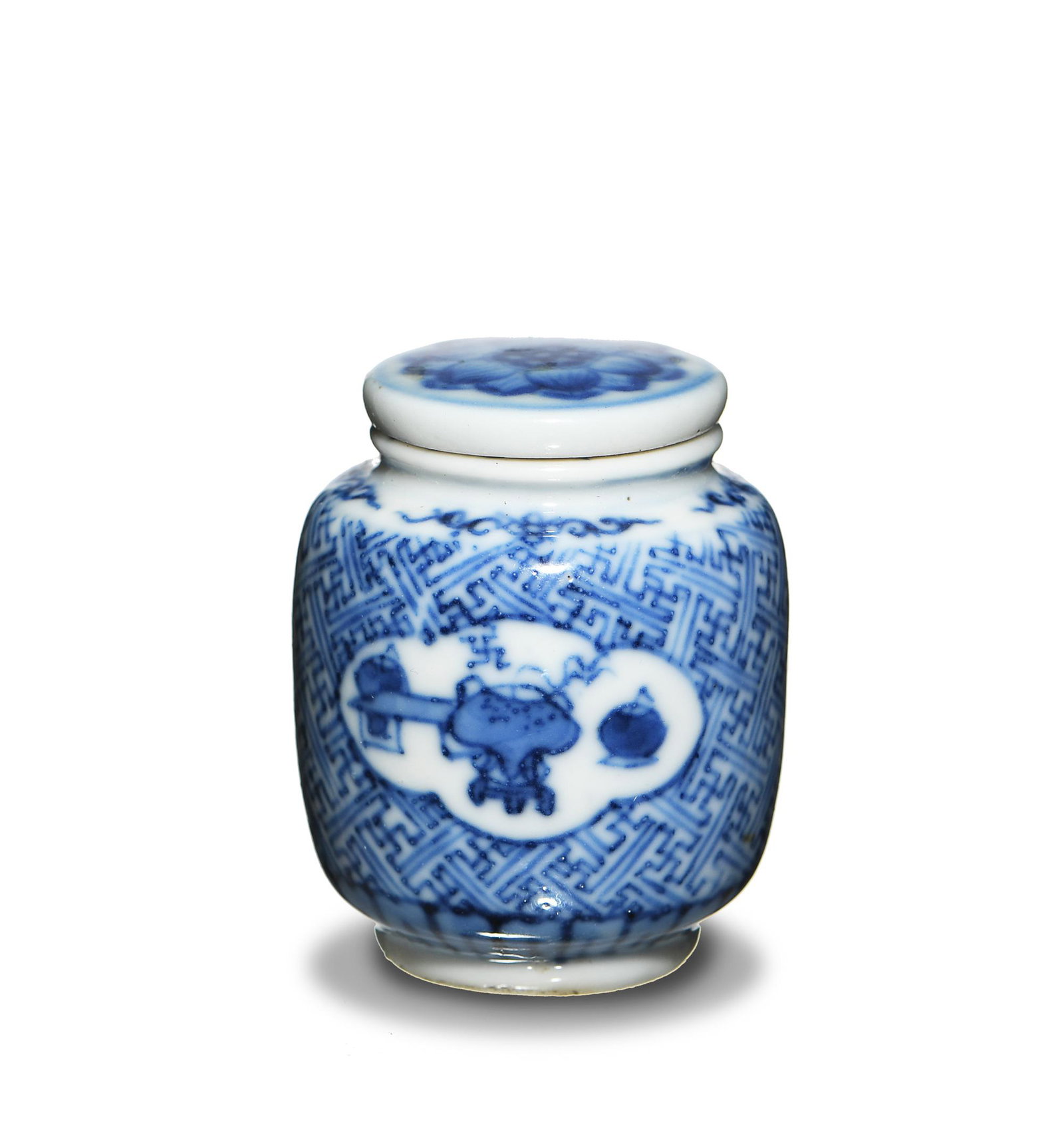 Chinese Blue and White Snuff Bottle, 18th Century: A Chinese blue and white porcelain snuff bottle dating from the 18th century. The snuff bottle depicts 2 quatrefoils with scholar's items on its body against a ground of geometric Buddhist crosses wit