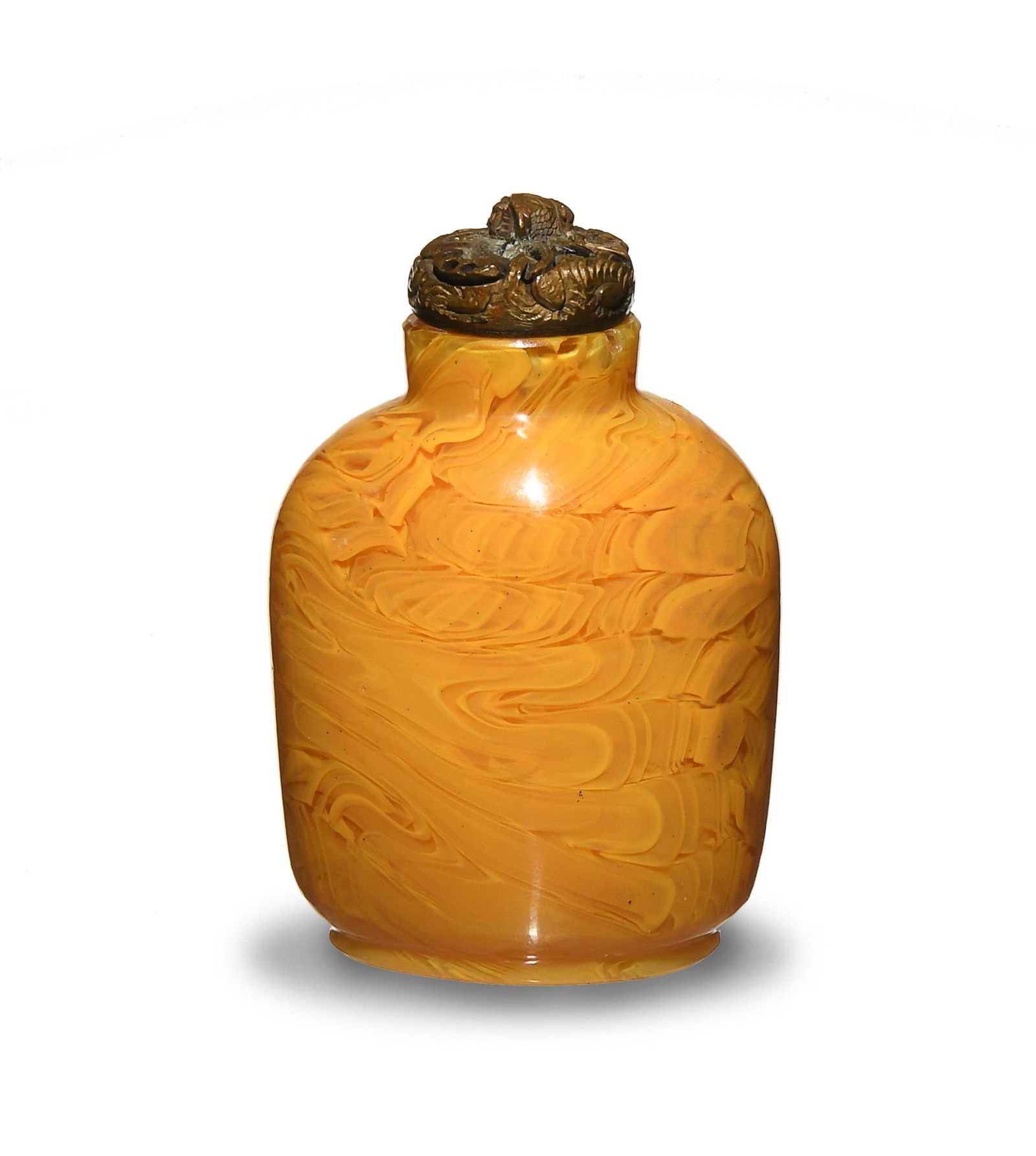 Chinese Peking Glass Snuff Bottle, 19th Century: A Chinese Peking glass snuff bottle dating to the 19th century. The yellow color is meant to imitate amber. The stopper is bronze with a depiction of a dragon head, and it has the spoon but no cork. D