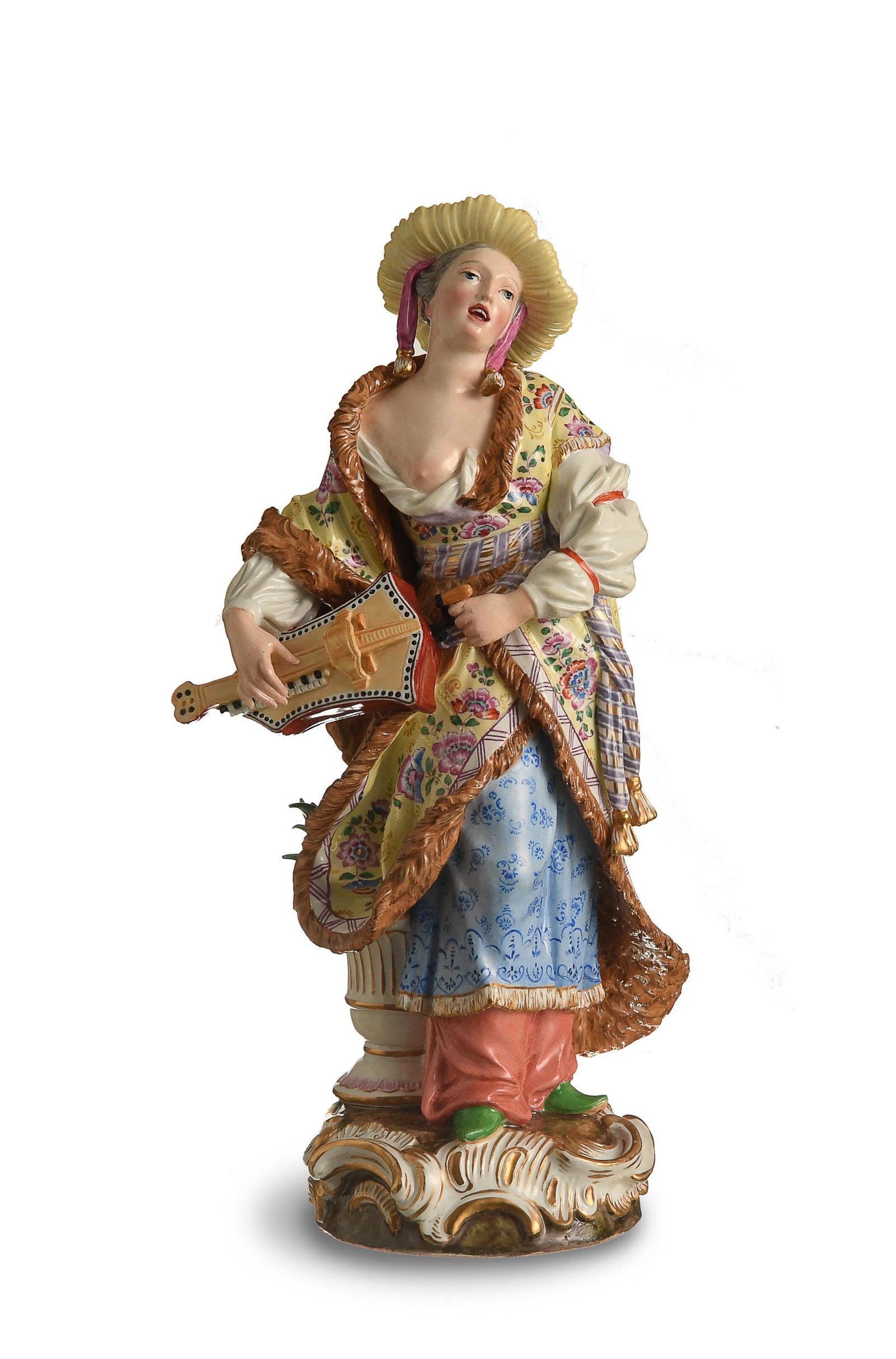 Meissen, Malabar Woman, Model 1519: Meissen (German, founded 1710) porcelain. Designed by Freidrich Elias Meyer, featuring a woman wearing an unusual yellow cloak with a floral pattern and playing a hurdy-gurdy. Artist signed, earlier f