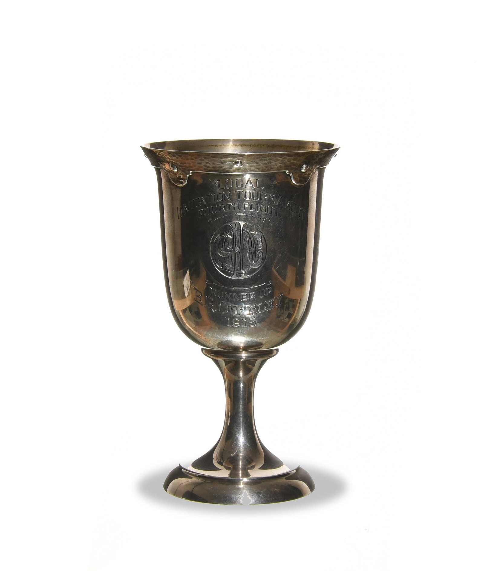 Gorham, Sterling Fourth Flight Runner-Up Trophy: Gorham sterling silver Arts and Crafts trophy chalice (American, founded 1831). A 1915 fourth flight, runner-up trophy for E.G. Ottley. It is incised with a makers mark, 'sterling,' 'A6586,' and 'Davi