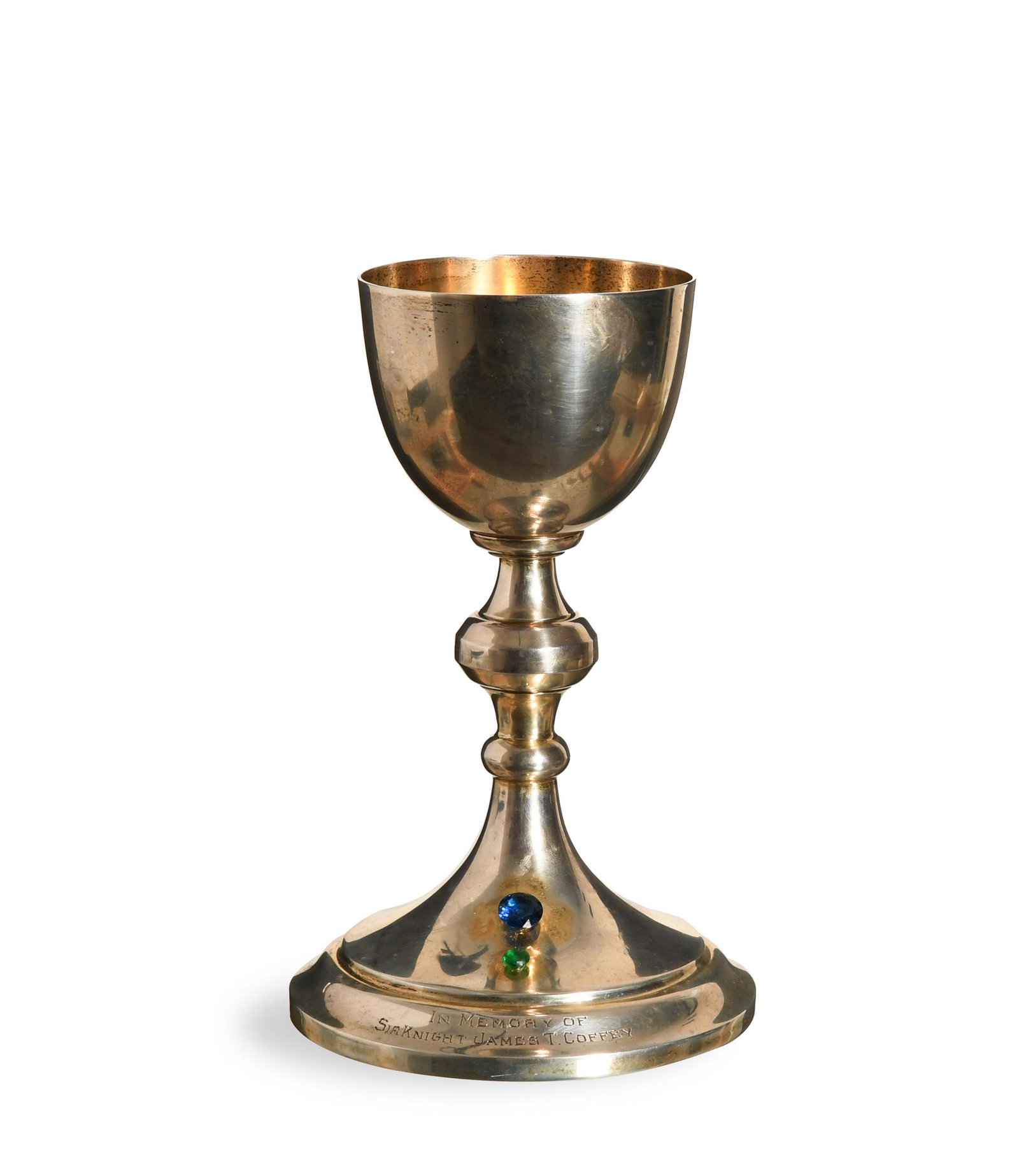 Louis J Meyer, Knights of Columbus Chalice: Louis J. Meyer, Inc. (American, early 20th century) sterling silver and gemstones. Memorial cup for Sir Knight James T. Coffey with a blue-and-green gemstone at the foot. The base has the maker's mark