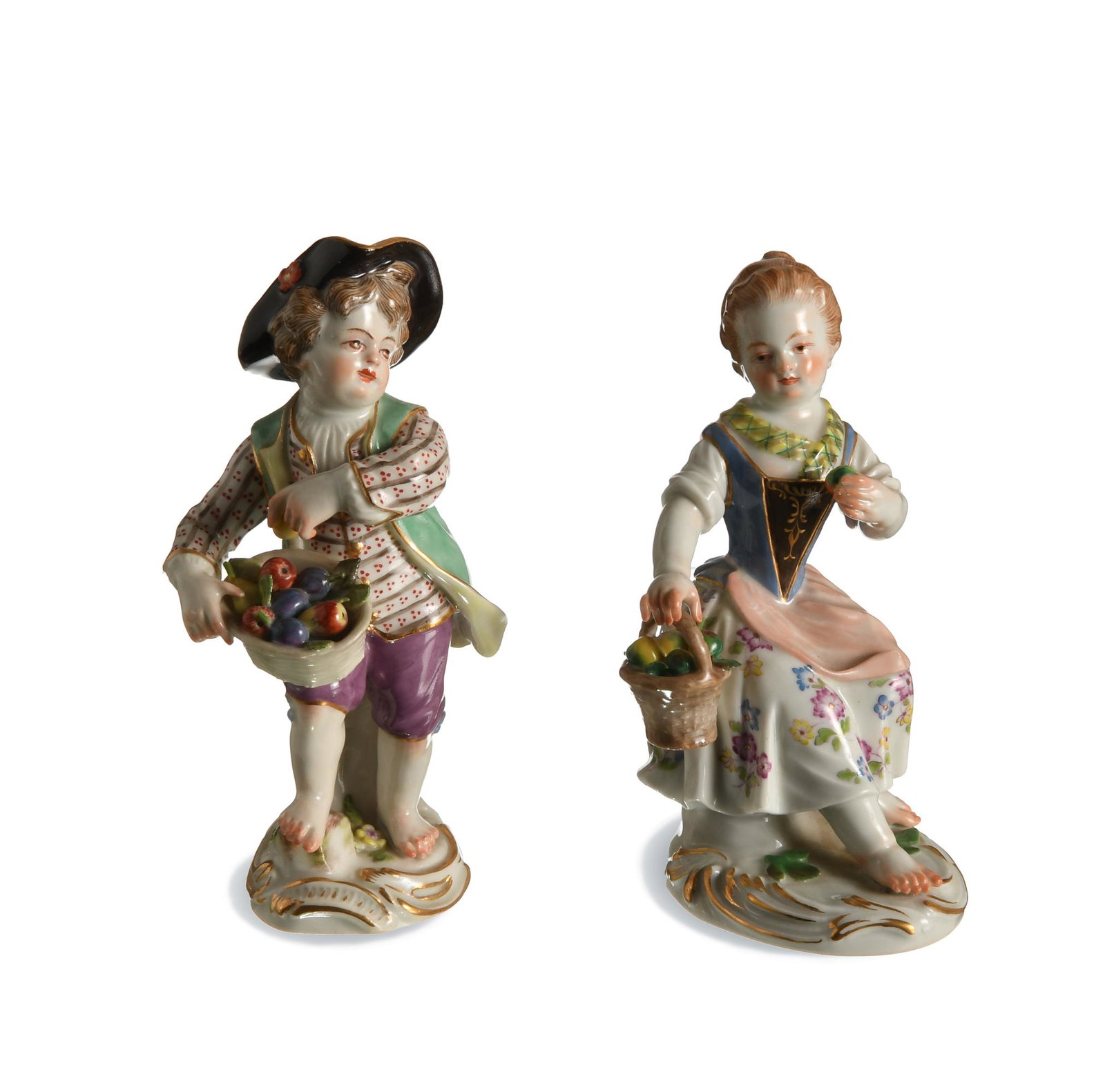 Meissen, Gardner Girl and Boy, Models 15 and 27: Meissen (German, founded 1710) porcelain. Possibly designed by Johann Joachim Kaendler, one depicts a boy with a basket of fruit, the other depicts a girl with a basket of fruit. Both are stamped with