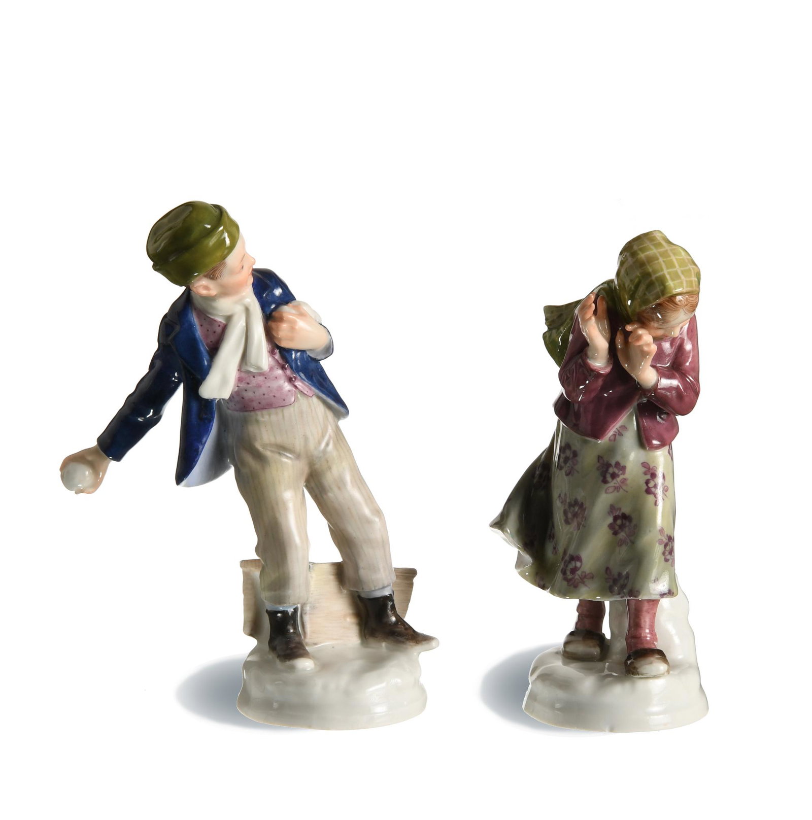 Meissen, Boy and Girl with Snowballs, W131 and W132: Meissen (German, founded 1710) porcelain. Designed by Alfred Konig. The figurines feature a boy throwing a snowball and a girl ducking. Both are stamped with the Meissen mark and model number on the b
