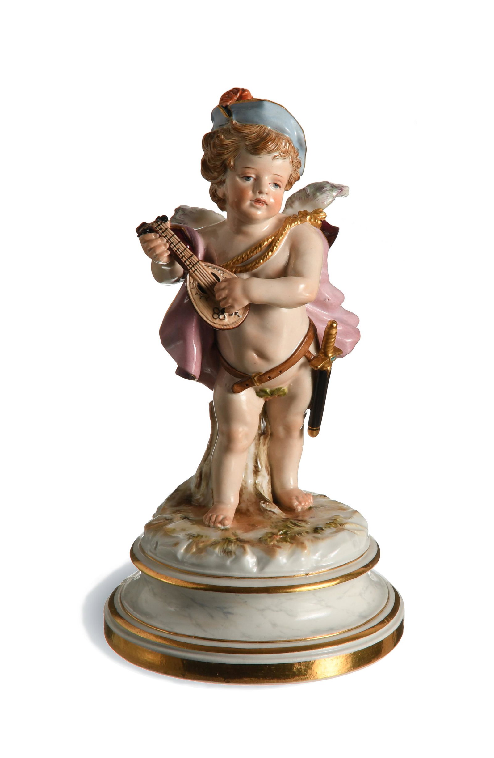 Meissen, Cupid Minstrel, Model L124: Meissen (German, founded 1710) porcelain. Designed by Heinrich Schwabe, featuring a cupid playing a wood-grain lute and wearing a burgundy cape. It is stamped with the Meissen mark, model number, '69,