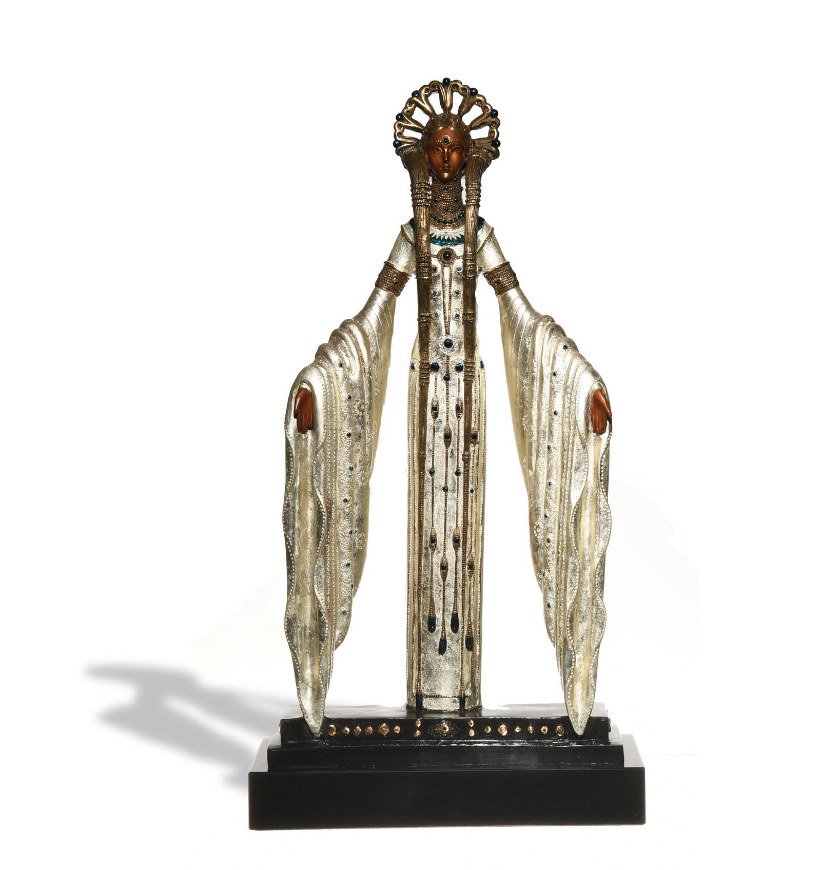 Erte Bronze,: Erte (Russian/French, 1892-1990, Chalk and Vermilion and Sevenarts) bronze, 1987. Depicting a woman in an extravagant dress. It comes with the original shipping box and the original cloth bag; it is m