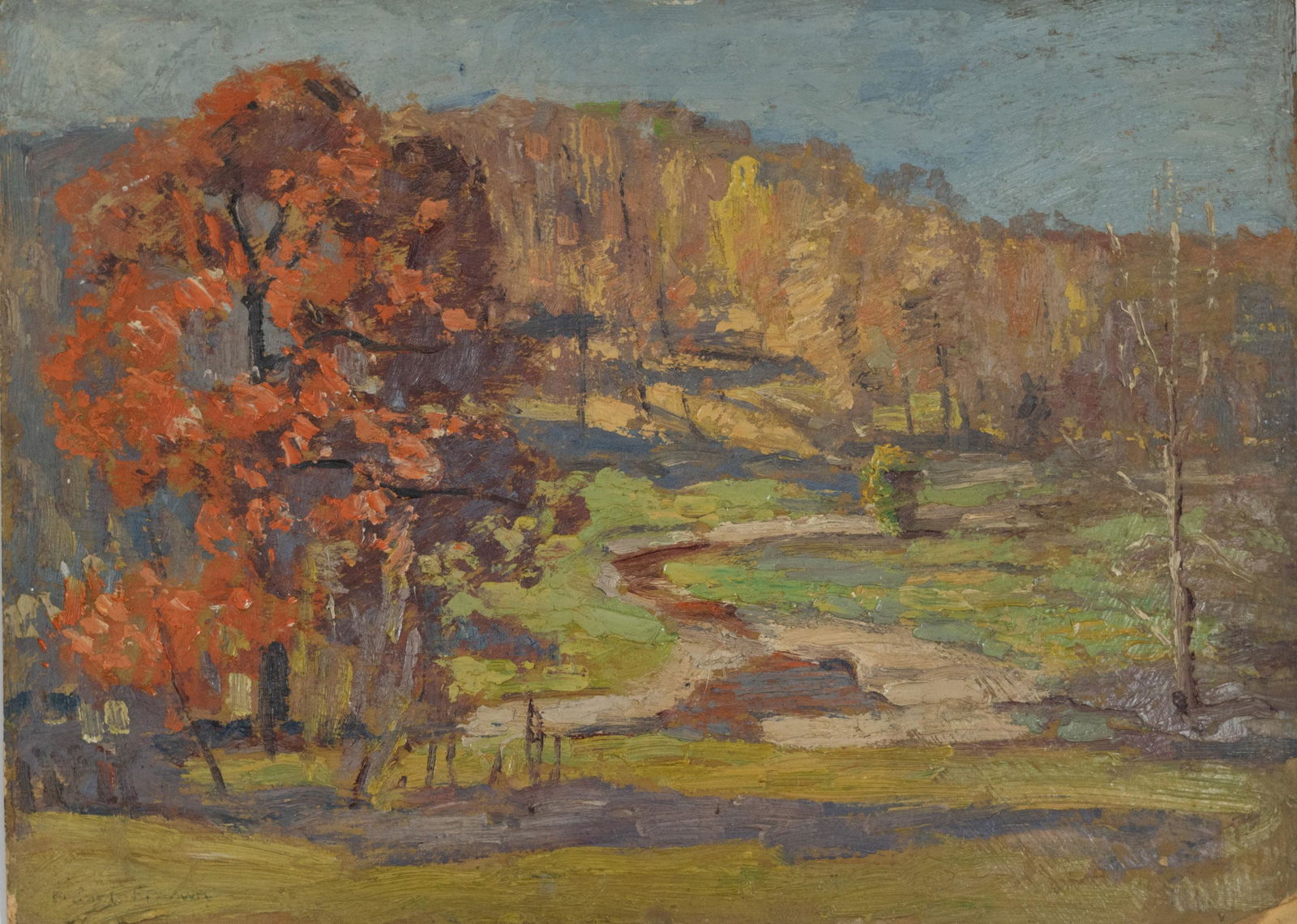 Francis F. Brown, Richmond Indiana: Francis Focer Brown (American, 1891-1971) oil impasto on board, 1918. Depicted is an impressionist landscape. It is signed on the face, 'Francis F. Brown' and on verso signed, 'Francis F. Brown Richmo