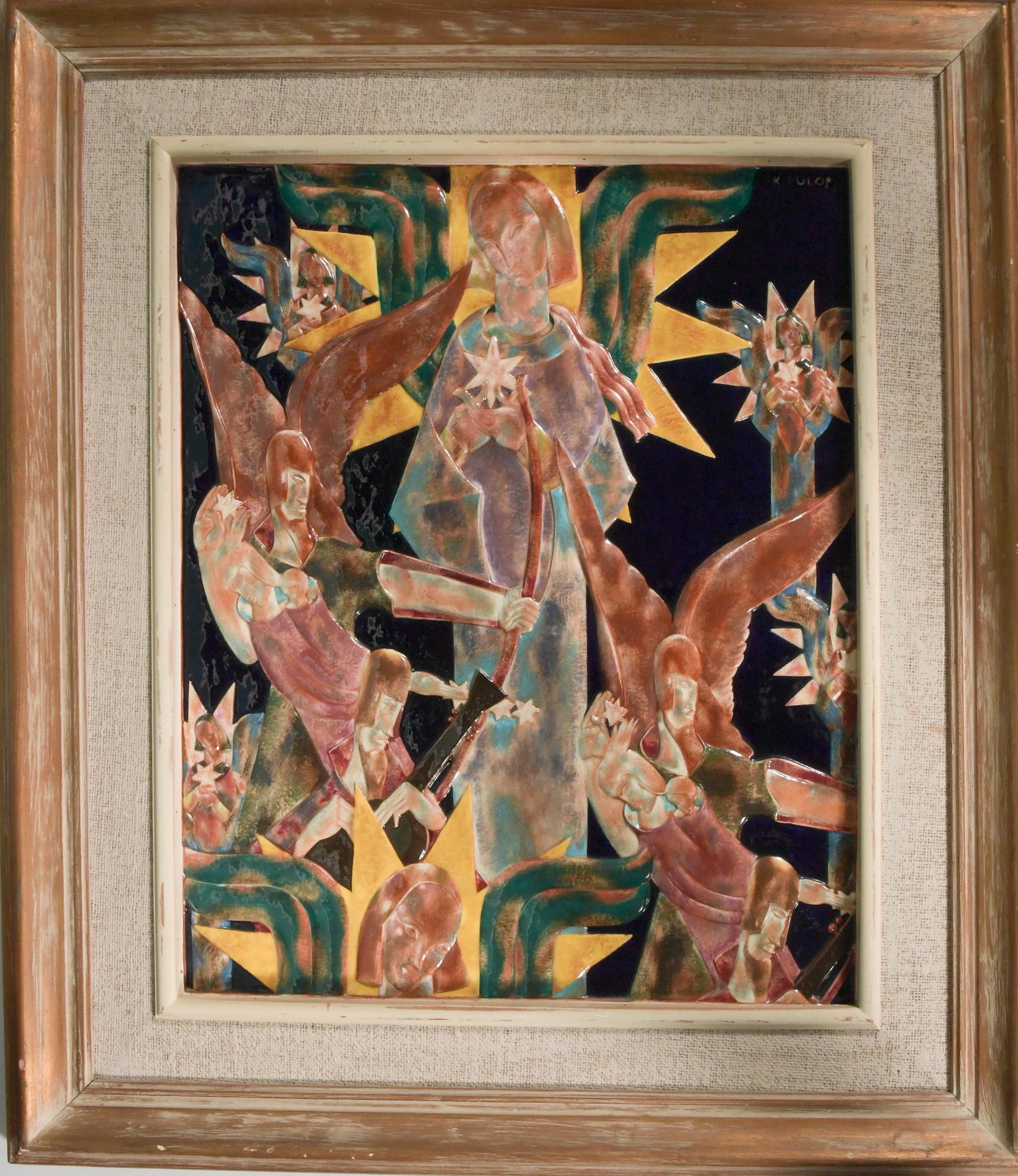 Karoly Fulop, Porcelain Plaque, "Shooting Star": Karoly Fulop (Hungarian, 1896-1963) polychrome ceramic tile. The signature is visible in the upper right corner of the tile. The title written on the verso. Dimensions: sight size-24 1/4 inches tall X