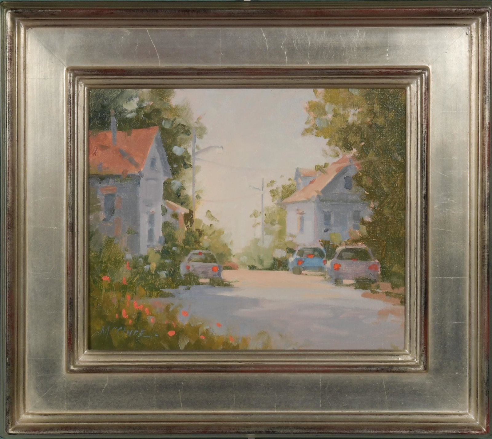 Rick McClure, Water St. Provincetown: Rick McClure (American, 20th Century) plein air oil on canvas, 2005. Depicted is a street. A signature is visible in the lower left corner of the face. The verso features a sticker which reads 'CLUB 2