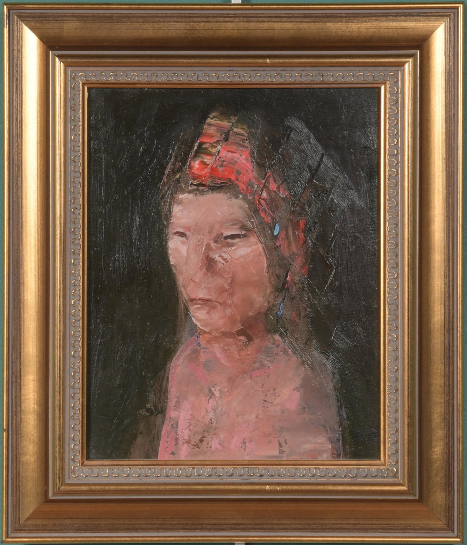 Dean Richardson, Man Afraid of His Horse: Dean Richardson (American, B. 1931) acrylic on canvas, 1986-1987. Depicted is a Native American man in a headdress. Initialed 'DR' in the bottom right corner, dated verso. Dimensions: sight size-9 1/4