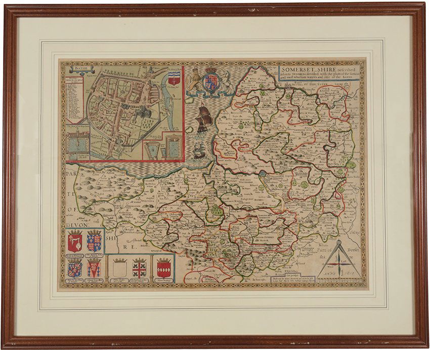John Speed Map of Somerset Shire Circa 1614: John Speed (British, 1551-1629) ink on paper. A hand colored map of Somerset Shire by John Speed from his atlas, The Theatre of the Empire of Great Britaine. Published by John Sudbury and George Humbl