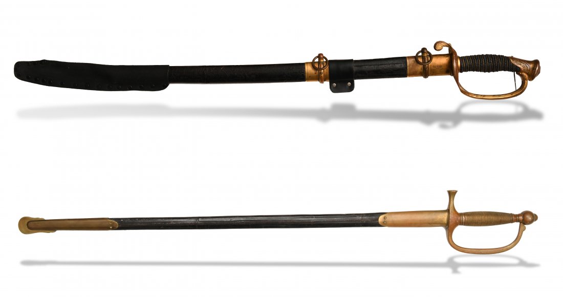 2 American Civil War Period Swords: Including a M1840 Musicians sword by Roby and a M1850 Foot Officers sword by Ames. The M1840 sword is inspector marked F. S. S. (Frederic S Strong) in several areas and 'U. S. 186' on the blade. The M