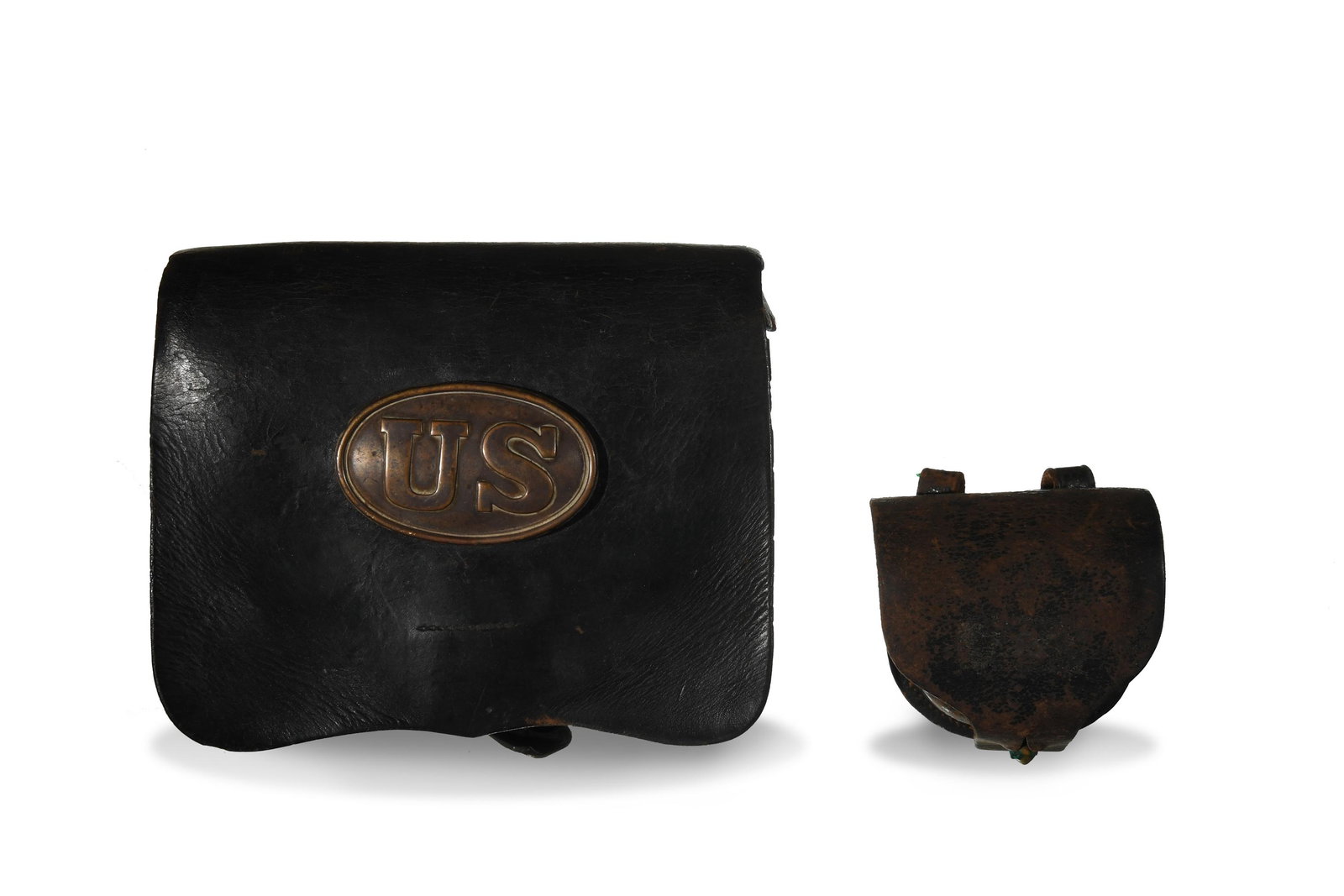 American Civil War Cartridge and Cap Boxes: The cartridge box retains the original plate and metal inserts; the cap box is marked 'H. H. Hartzell, Sub Inspector. U. S. Ord Dept.' Dimensions: 7 inches tall X 8 inches wide; 7.8 cm tall X 20.3 cm 