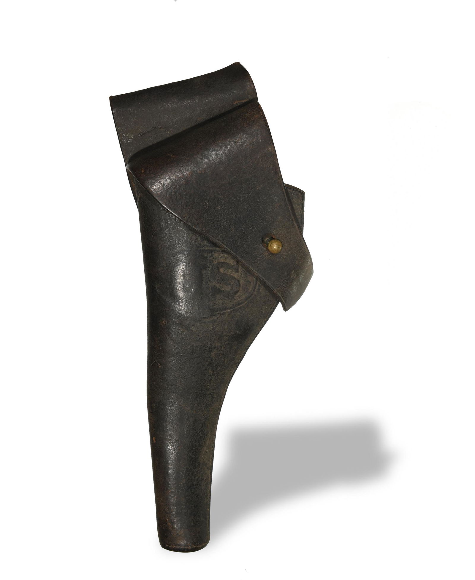 M1873 Holster .45 Single Action, Indian Wars: A M1873 Holster for a .45 Colt Single Action gun dating from the Indian Wars period. The initials 'HE' are carved near the closure. Dimensions: 12 inches tall X 5 inches wide; 30.5 cm tall X 12.7 cm w