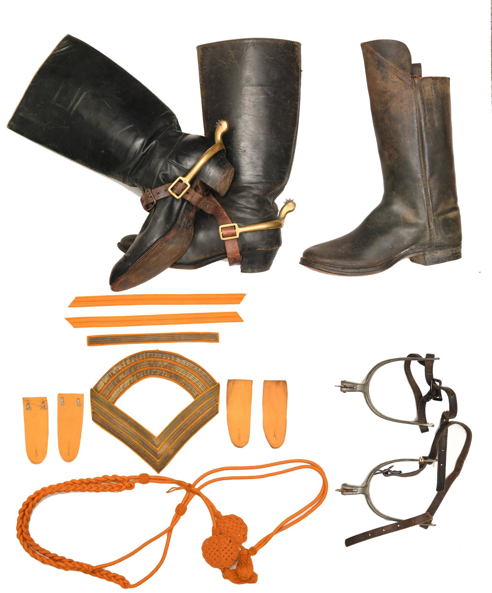 Military Uniform Pieces, Indian Wars: A collection of military uniform pieces: a pair of private-purchase boots, a single boot, two pairs of 20th century spurs, two pairs of enlisted man shoulder straps, gilt cavalry sergeant major chevro
