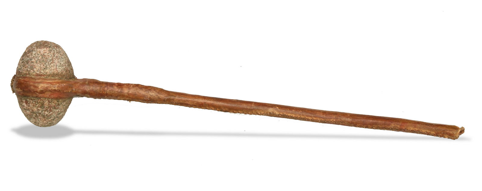 Plains Indian Stone Club, 19-20th Century: A rawhide wrapped stick with an ovoid stone head, possibly dating to the late 19th or early 20th century. Dimensions: 29 1/2 inches long; 74.9 cm long. All measurements are approximate.