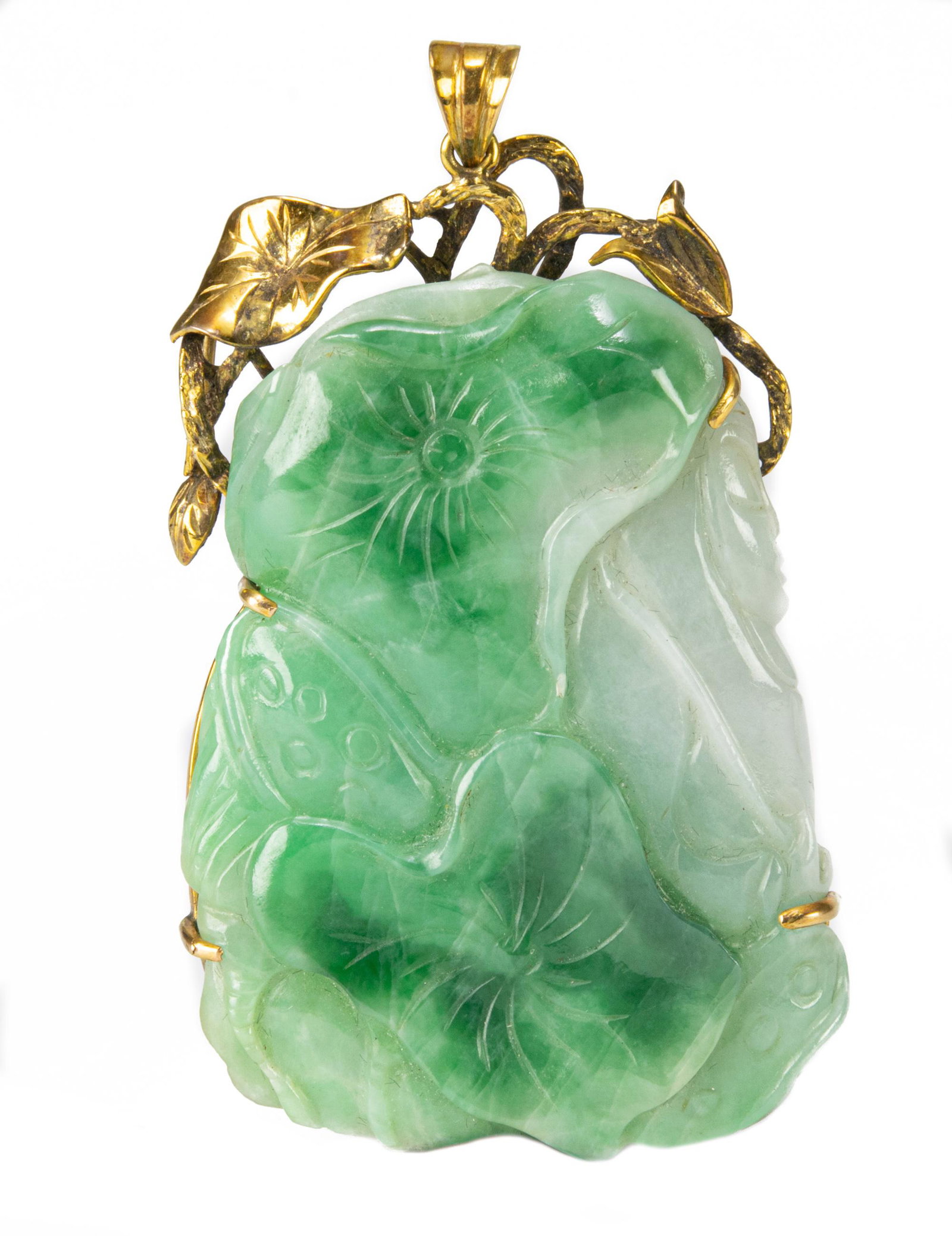 Jadeite Pendant with 14K Gold: A Chinese jadeite pendant depicting lotuses and a female figure. Dimensions: 2 3/4 inches tall X 1 1/2 inches wide; 7 cm tall X 3.8 cm wide. Weight: 40.12 grams. All measurements are approximate. Cond