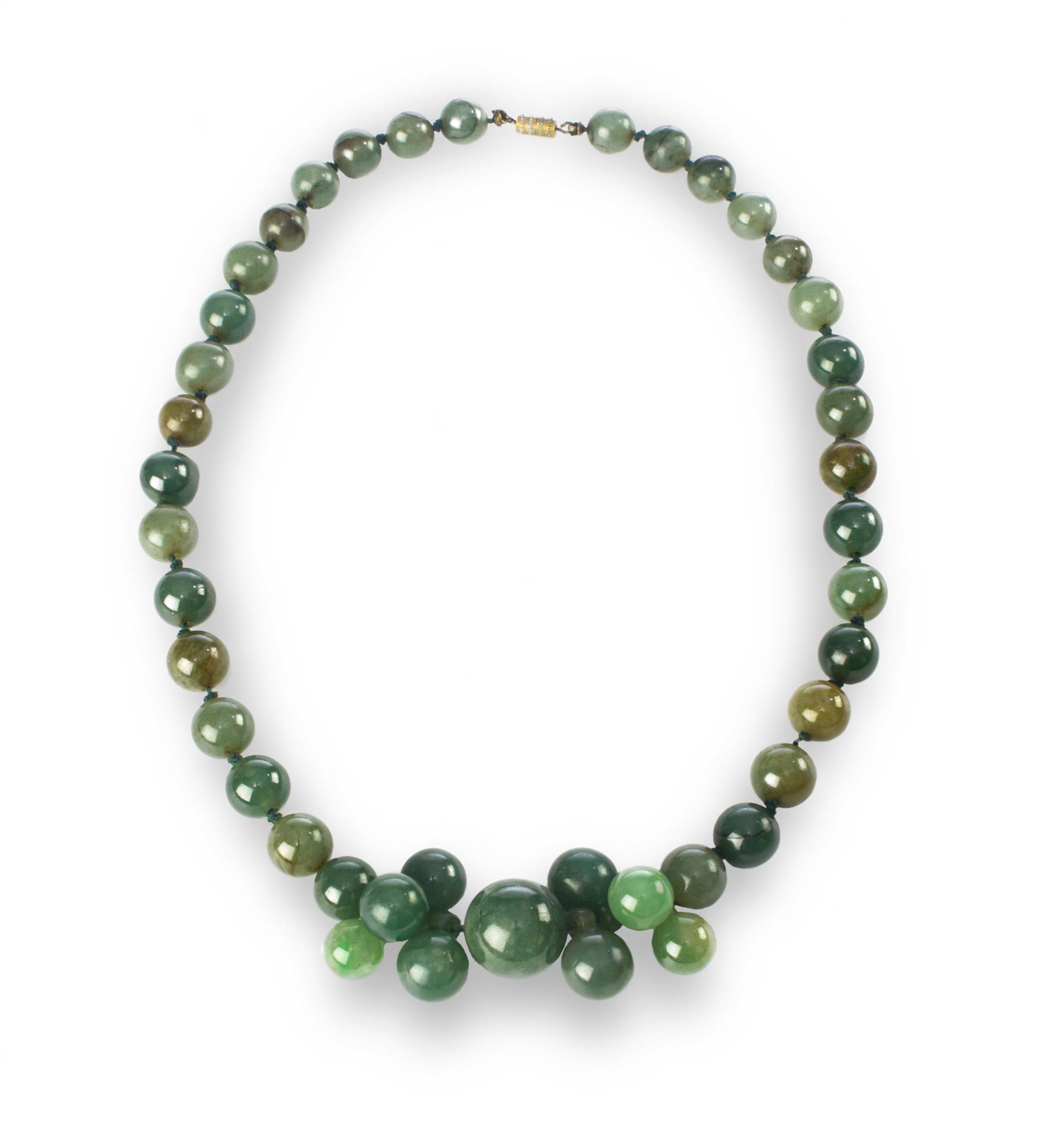 Jadeite Necklace, Late 19th Century: A Chinese jadeite necklace dating from the late 19th century. The necklace features a large central bead with four beads with rings on either side. Dimensions: necklace-19 inches long; 48.3 cm long. L