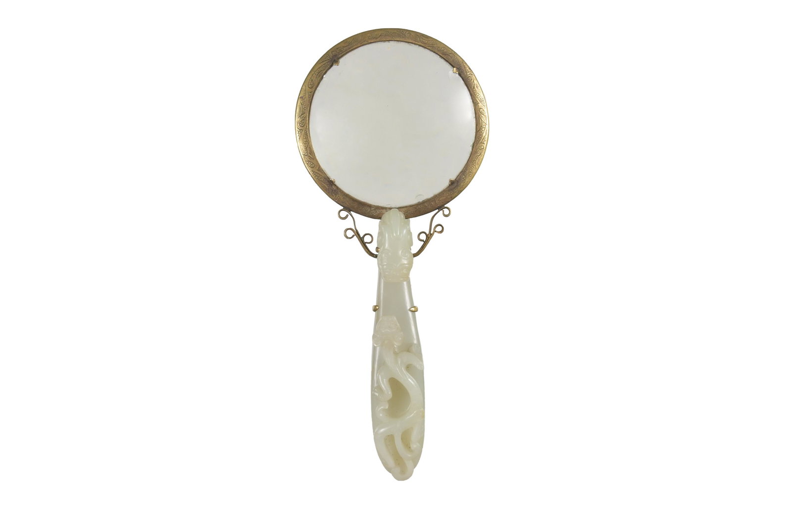 Chinese Magnifying Glass with Ming Jade Handle: A Chinese bronze magnifying glass with a Ming dynasty white jade dragon hook handle. The bronze features a stylized geometric border; the dragon hook features a chilong. Dimensions: 8 inches tall X 3 